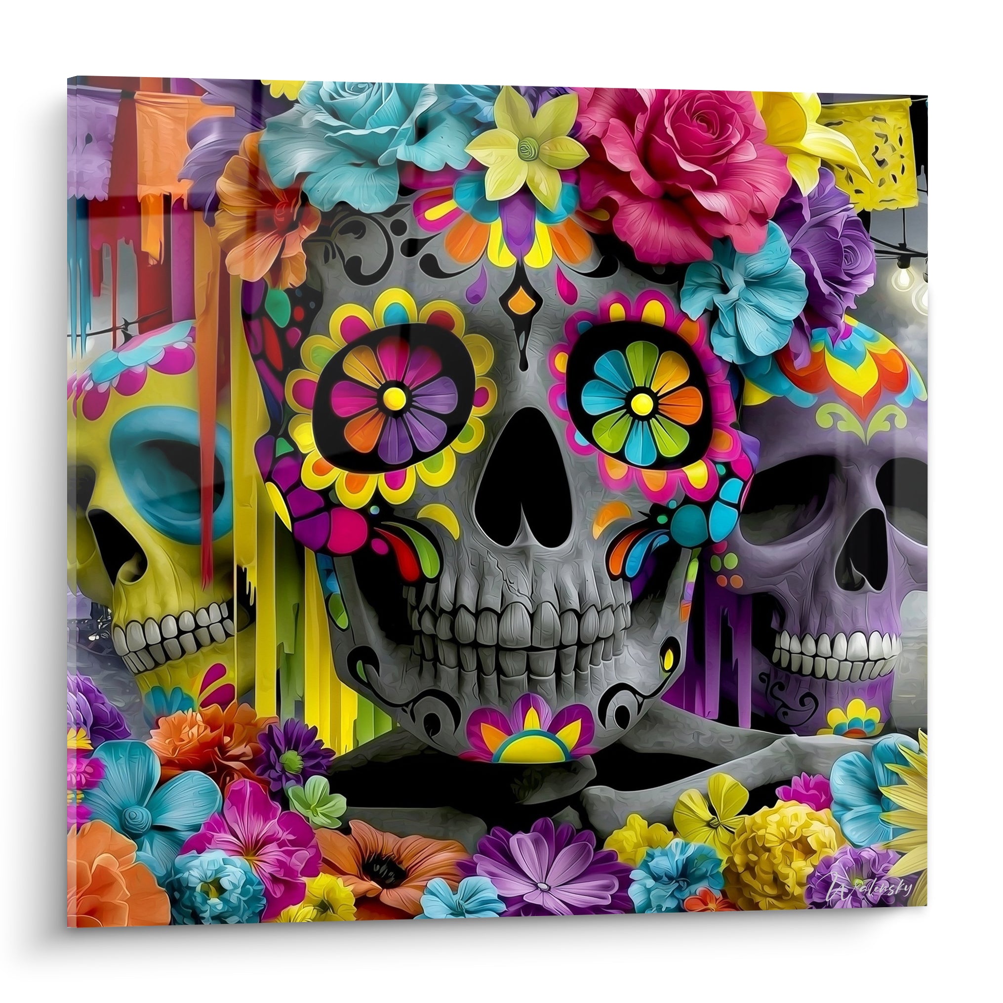Crâne mexicain gris orné de fleurs turquoise, roses et jaunes, motif Dia de los Muertos éclatant
