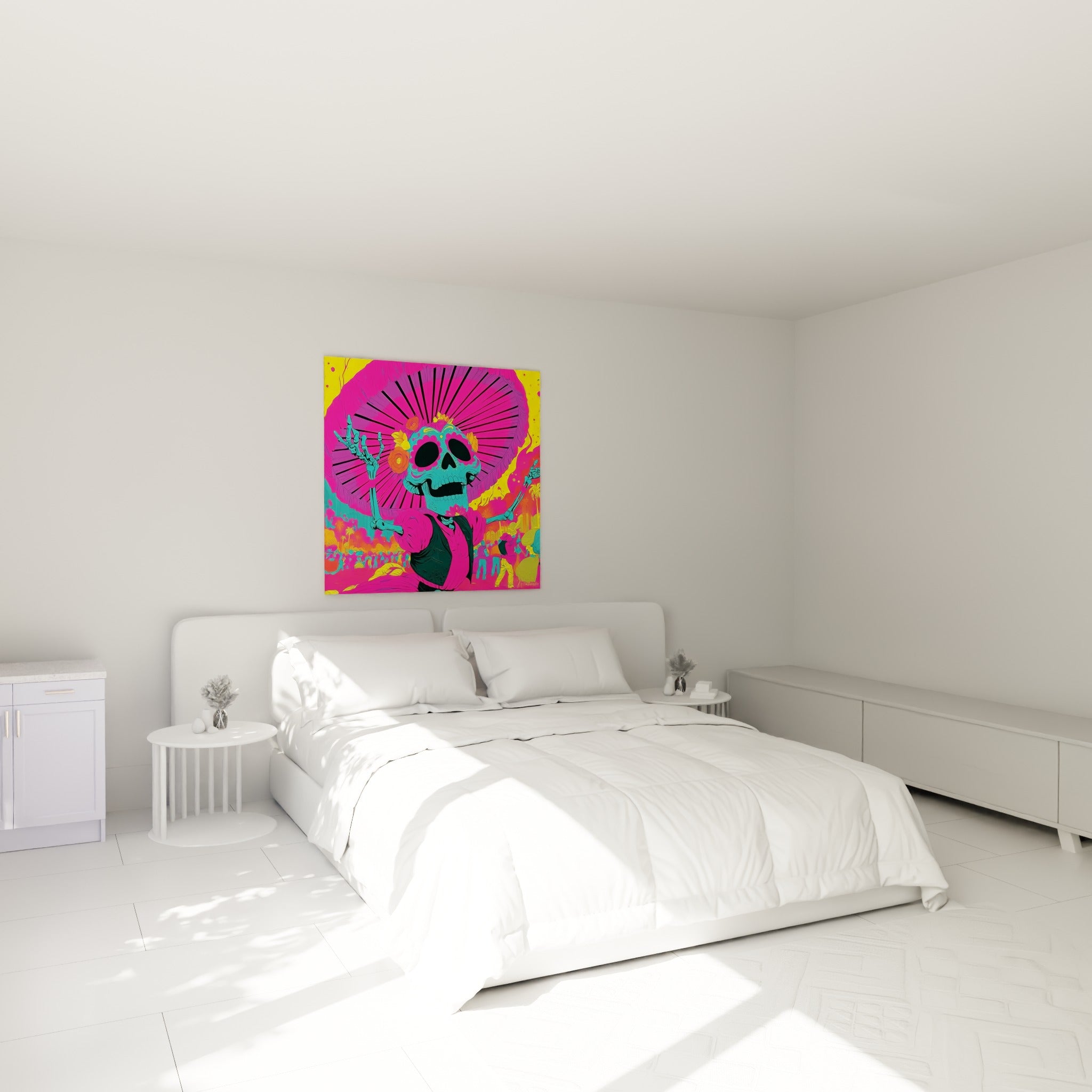 Crâne orné de fleurs oranges sous sombrero rose fuchsia, accroché au-dessus d'un lit dans une chambre claire