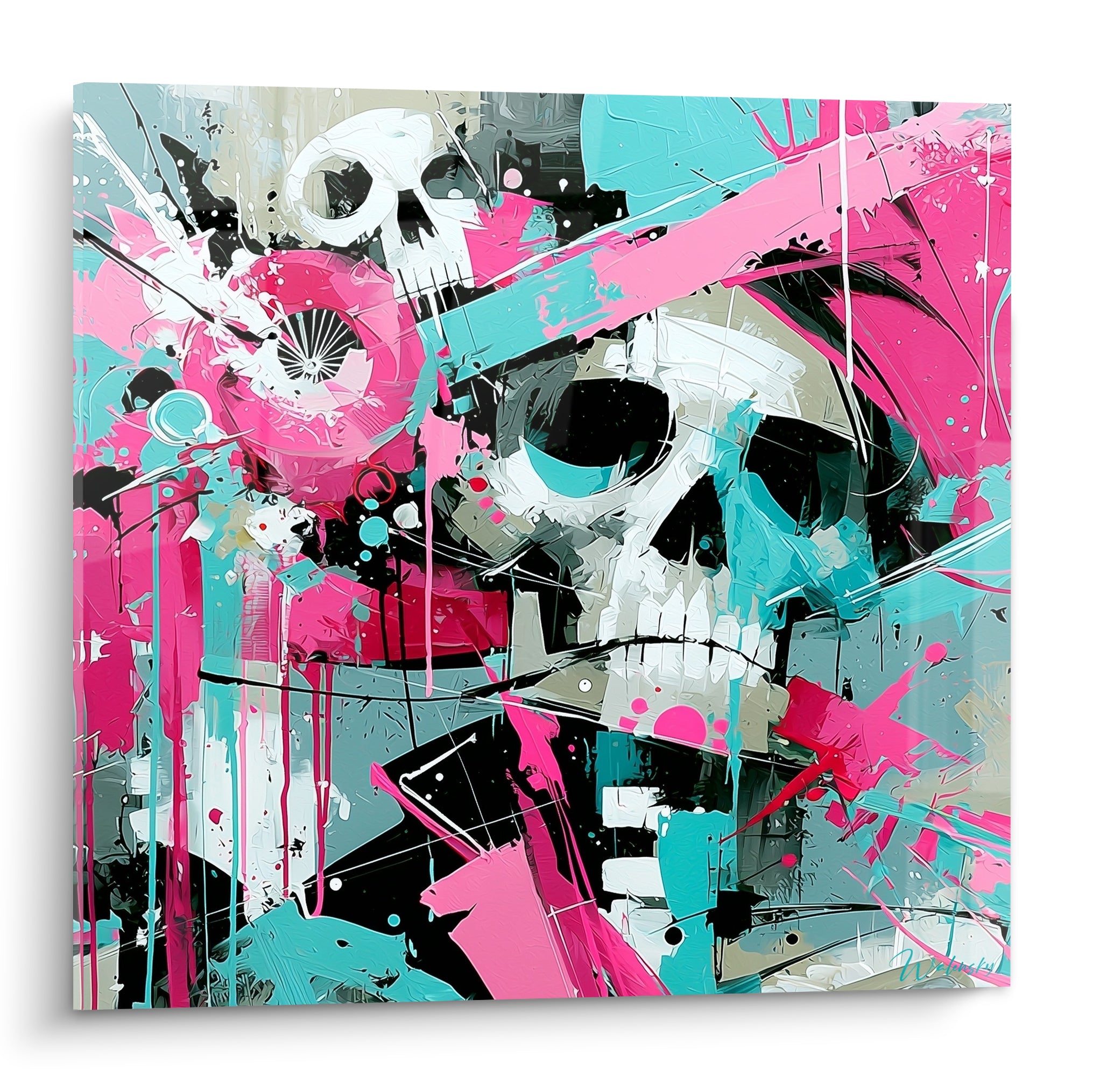 Crâne blanc Dia de los Muertos entouré d'éclaboussures rose fuchsia et turquoise sur fond anthracite