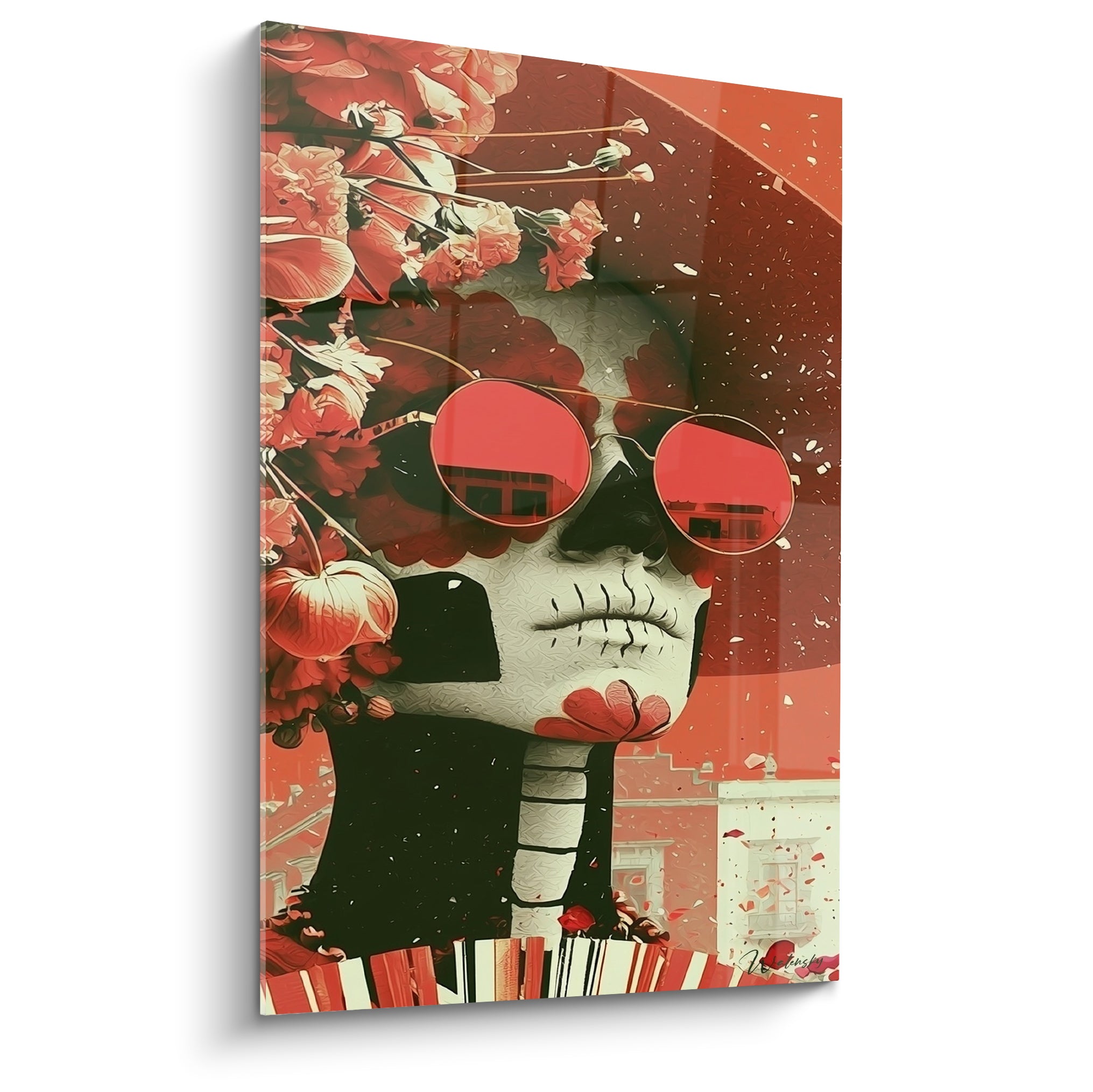 Crâne Dia de los Muertos aux lunettes rouges et fleurs terracotta sur fond rouge intense