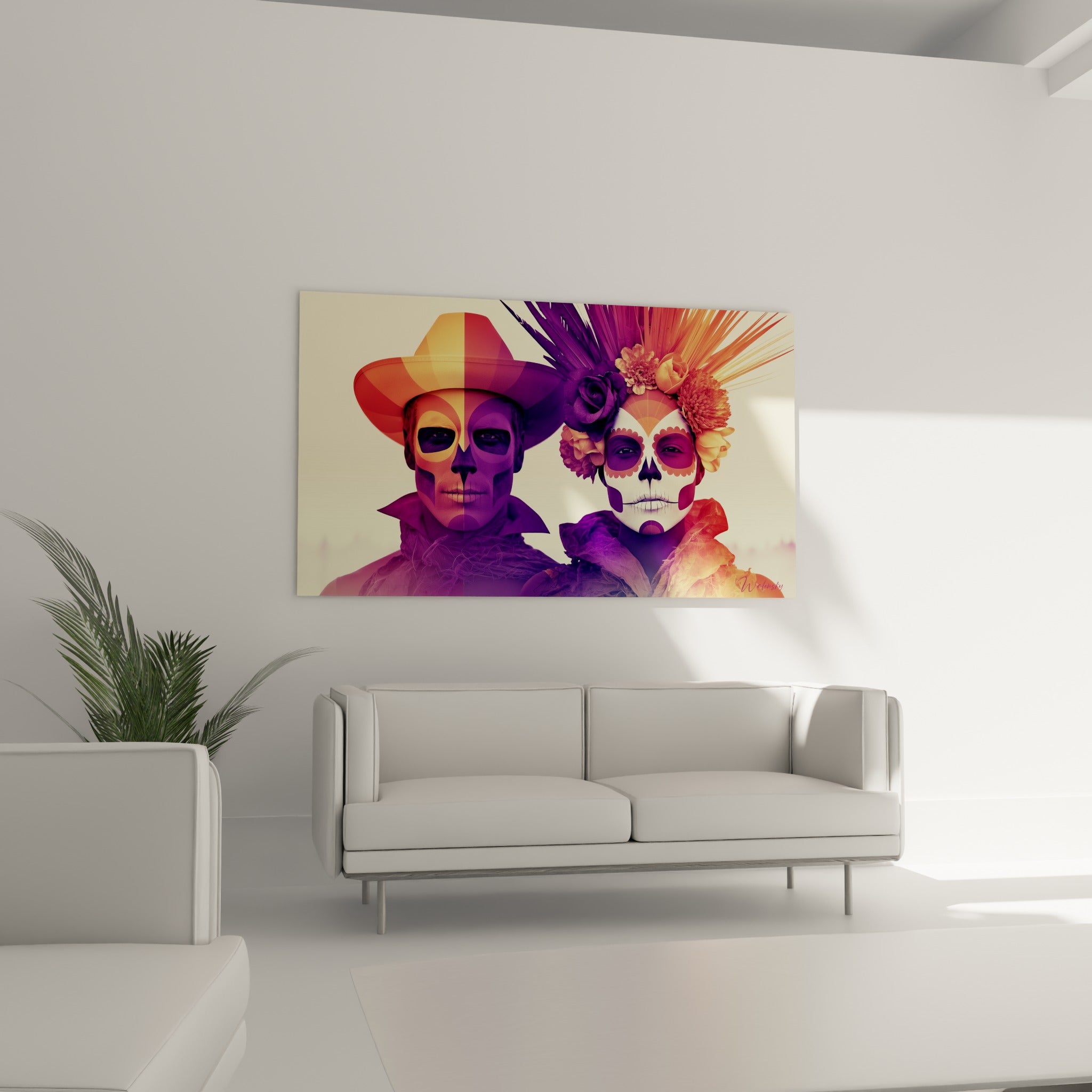 Crânes mexicains stylisés en violet et ocre du couple Dia de los Muertos au-dessus d'un canapé dans un salon lumineux