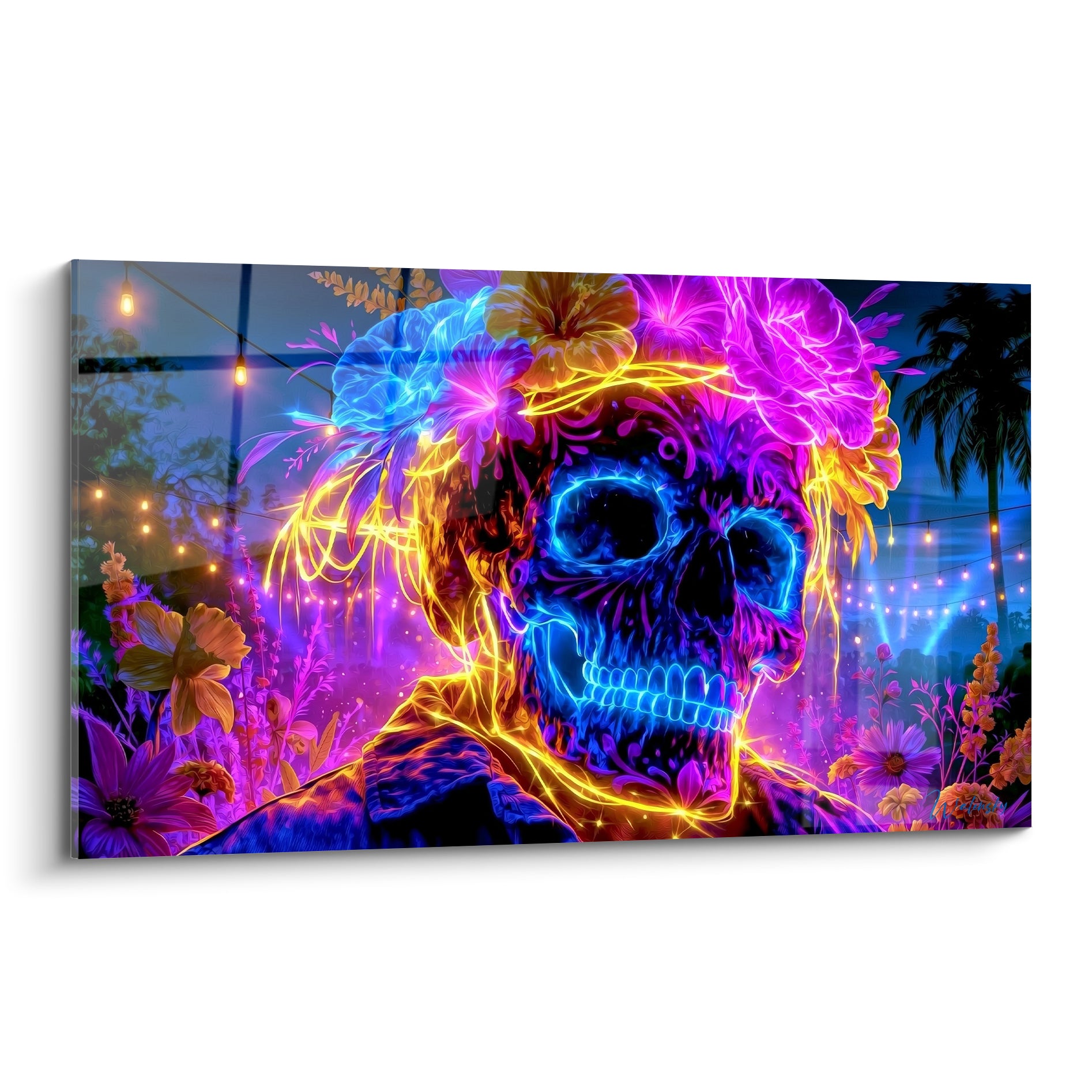Crâne fluorescent bleu et violet orné d'une couronne de fleurs dorées, tableau Dia de los Muertos