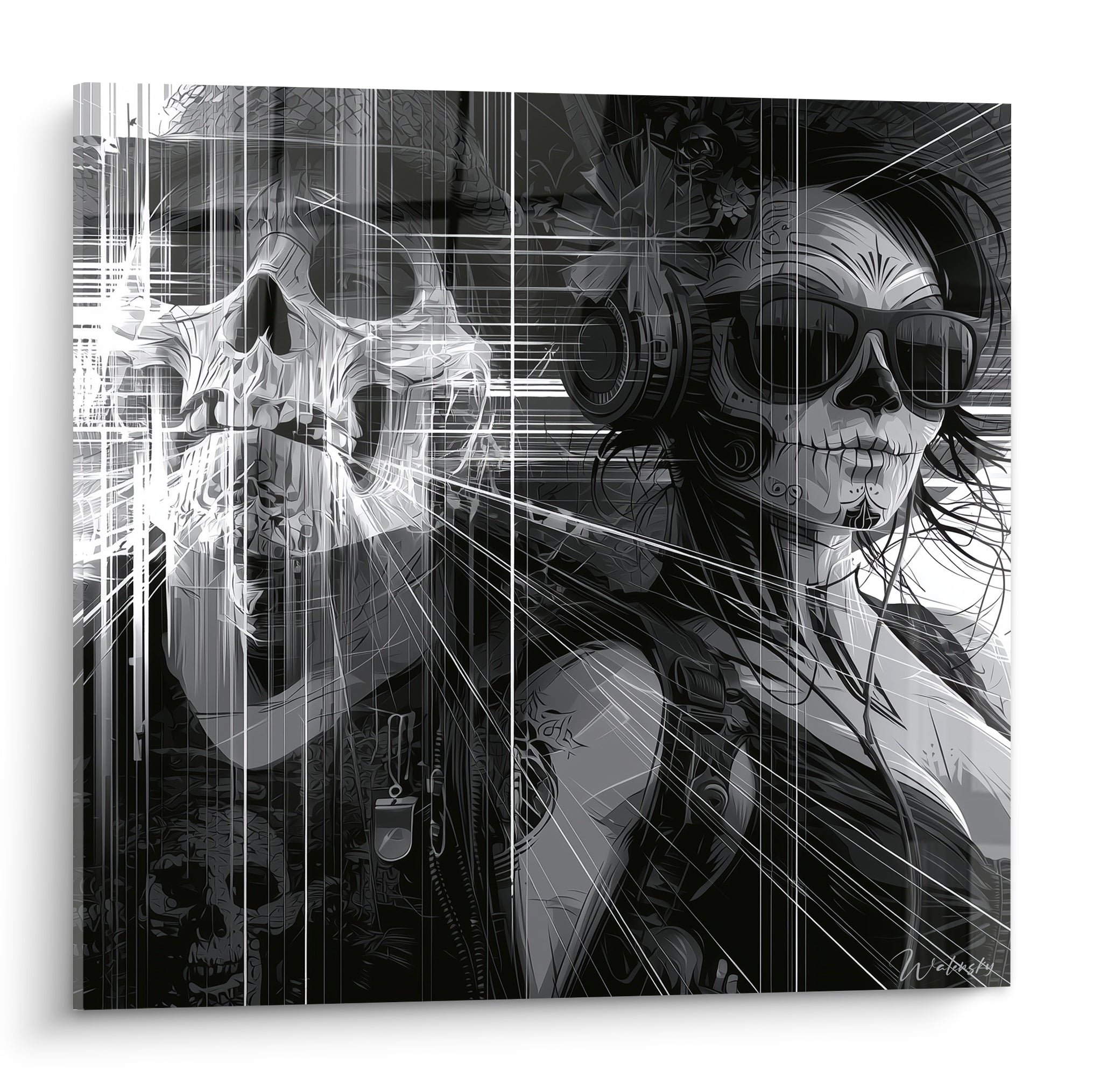 Crâne blanc et figure calavera aux lunettes noires, traits vibrants sur fond anthracite Dia de los Muertos