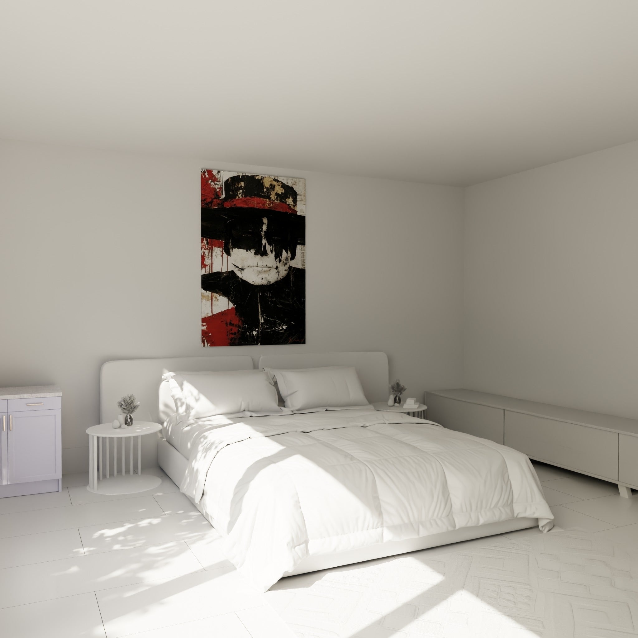 Crâne peint en blanc craquelé sous un chapeau rouge sang, tableau Dia de los Muertos au-dessus d'un lit dans une chambre claire