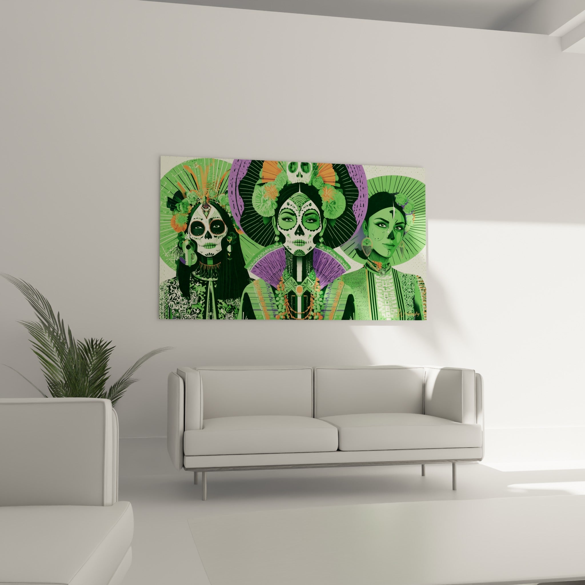 Visages Dia de los Muertos vert et orange, coiffes florales détaillées, au-dessus d'un canapé dans un salon lumineux