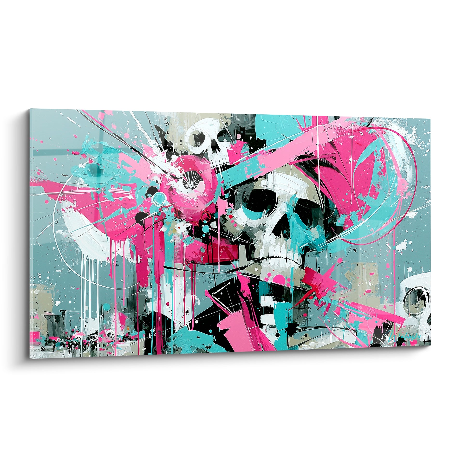 Crâne graphique rose fuchsia et turquoise aux éclaboussures peintes, style Dia de los Muertos vif et audacieux
