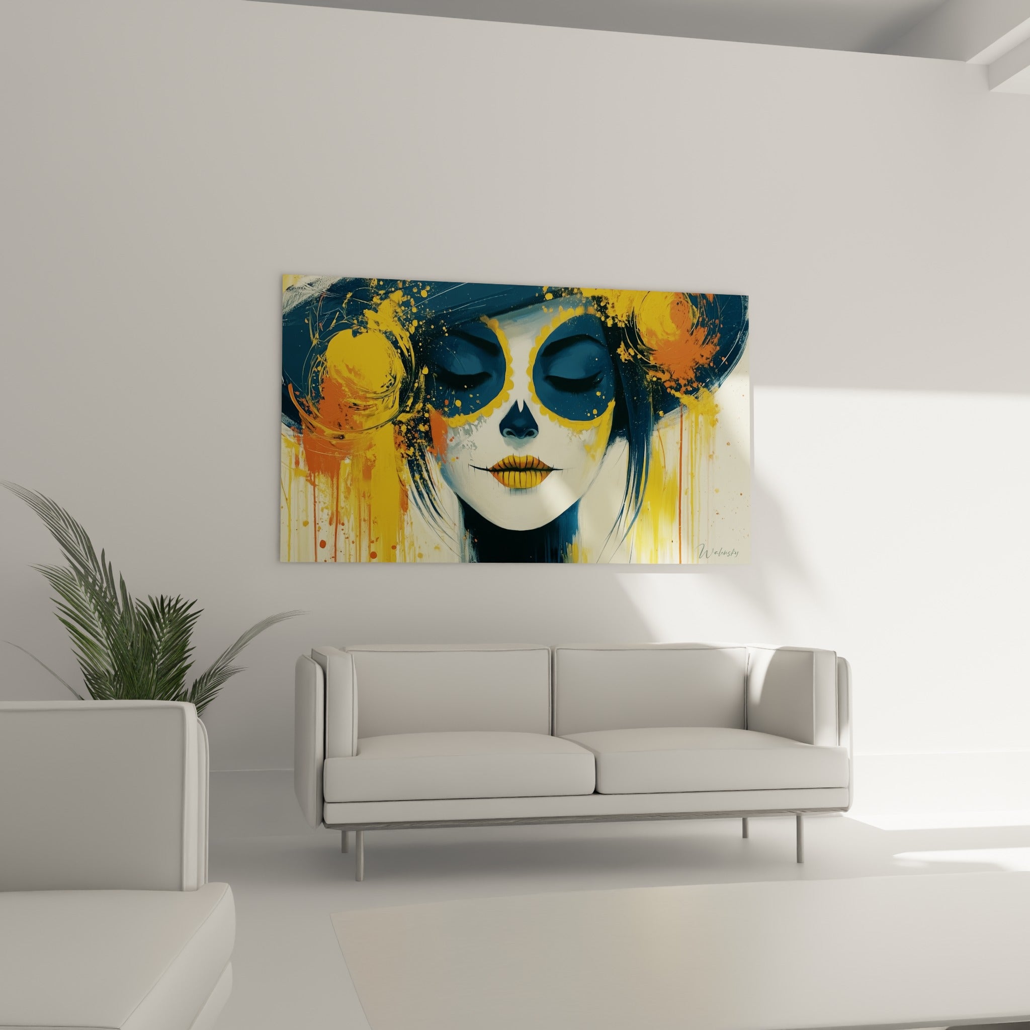 Crâne de sucre stylisé en bleu marine et jaune, tableau Dia de los Muertos au-dessus d'un canapé dans un salon lumineux