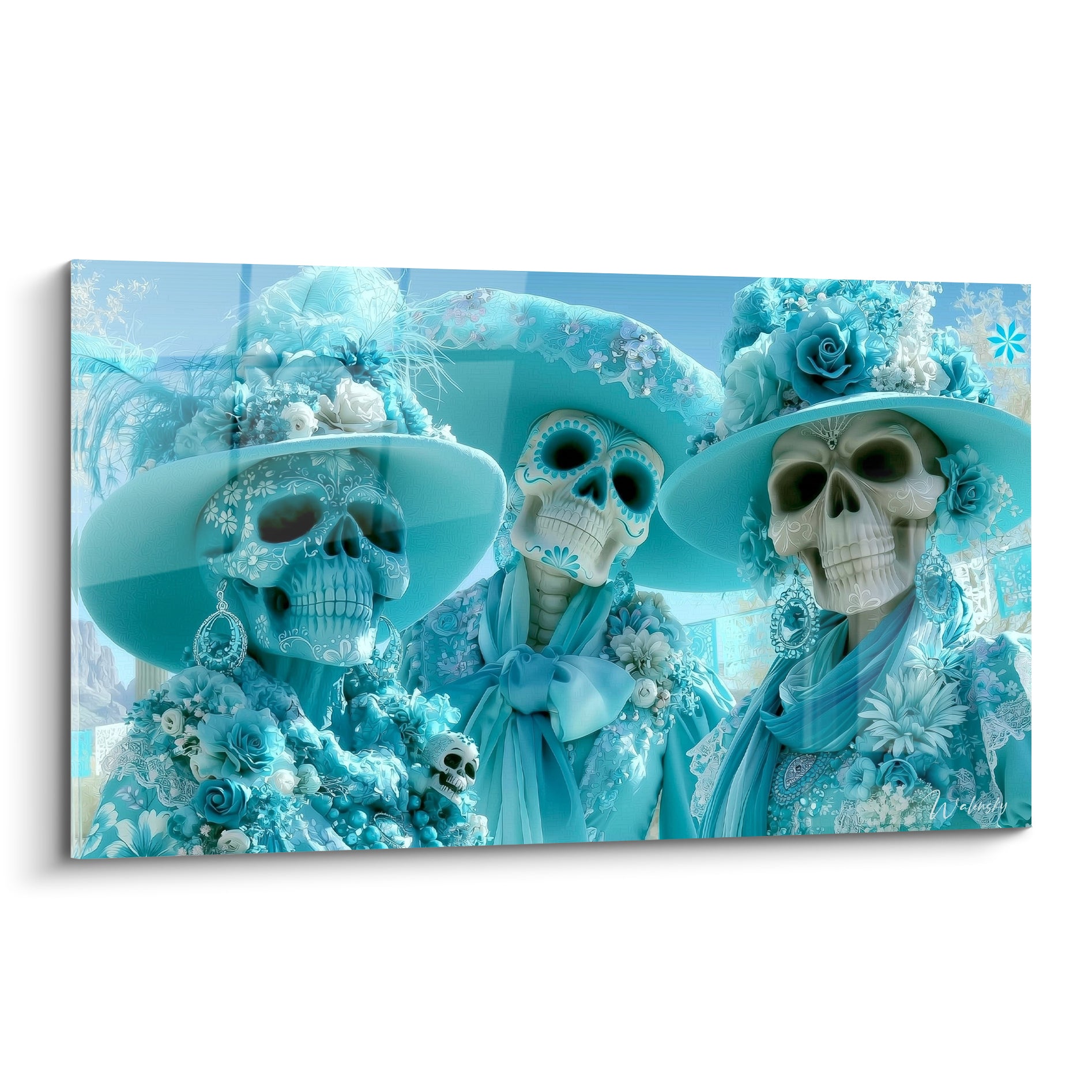 Trois crânes Dia de los Muertos ornés de fleurs turquoise et blanches sous chapeaux fleuris