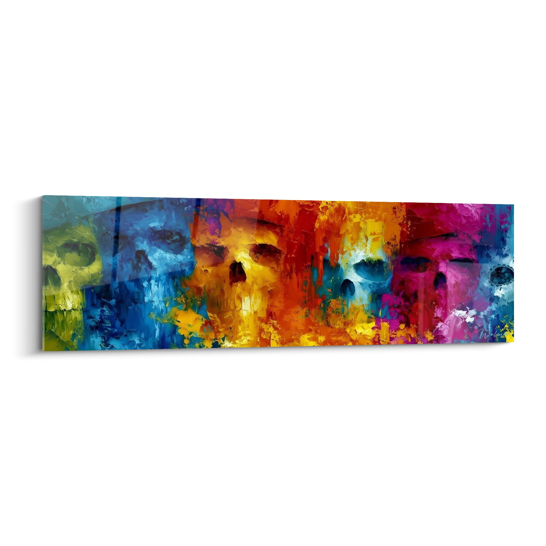 Crânes Dia de los Muertos en camaïeu bleu marine, orange et magenta peints à la spatule