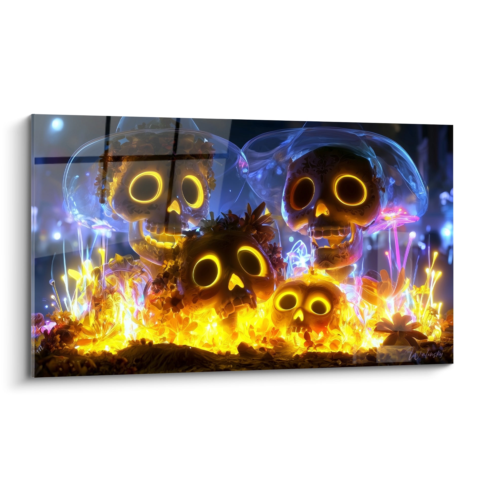 Crânes dorés aux yeux flamboyants entourés de flammes orange et fleurs sur fond bleu nuit