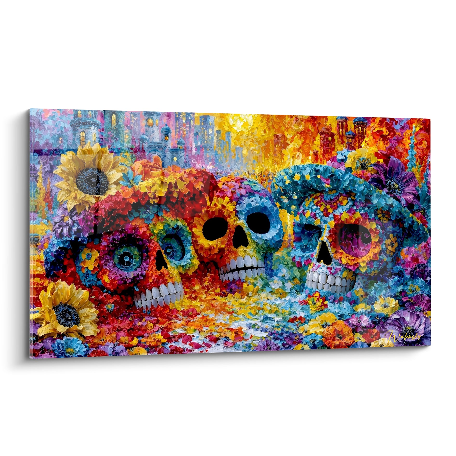Trois crânes fleuris rouge et turquoise du Dia de los Muertos, entourés de tournesols dorés vibrants