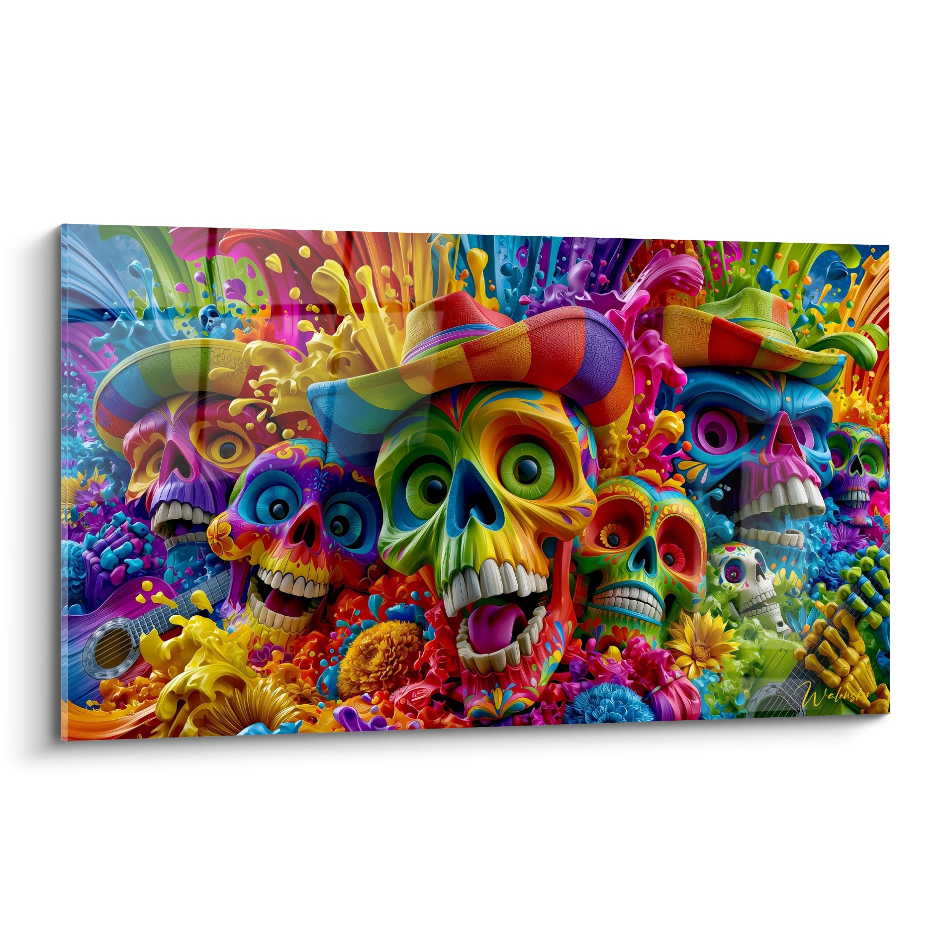 Crânes Dia de los Muertos jaune et violet ornés de fleurs oranges et sombreros rayés