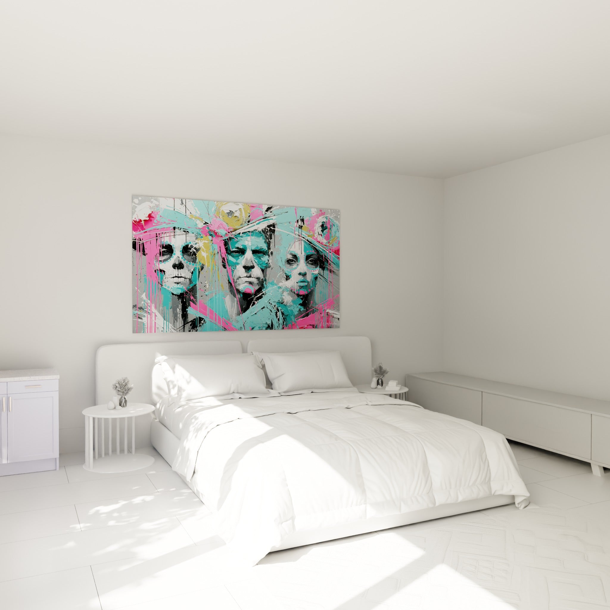 Portraits Dia de los Muertos turquoise et rose disposés au-dessus d'un lit dans une chambre claire