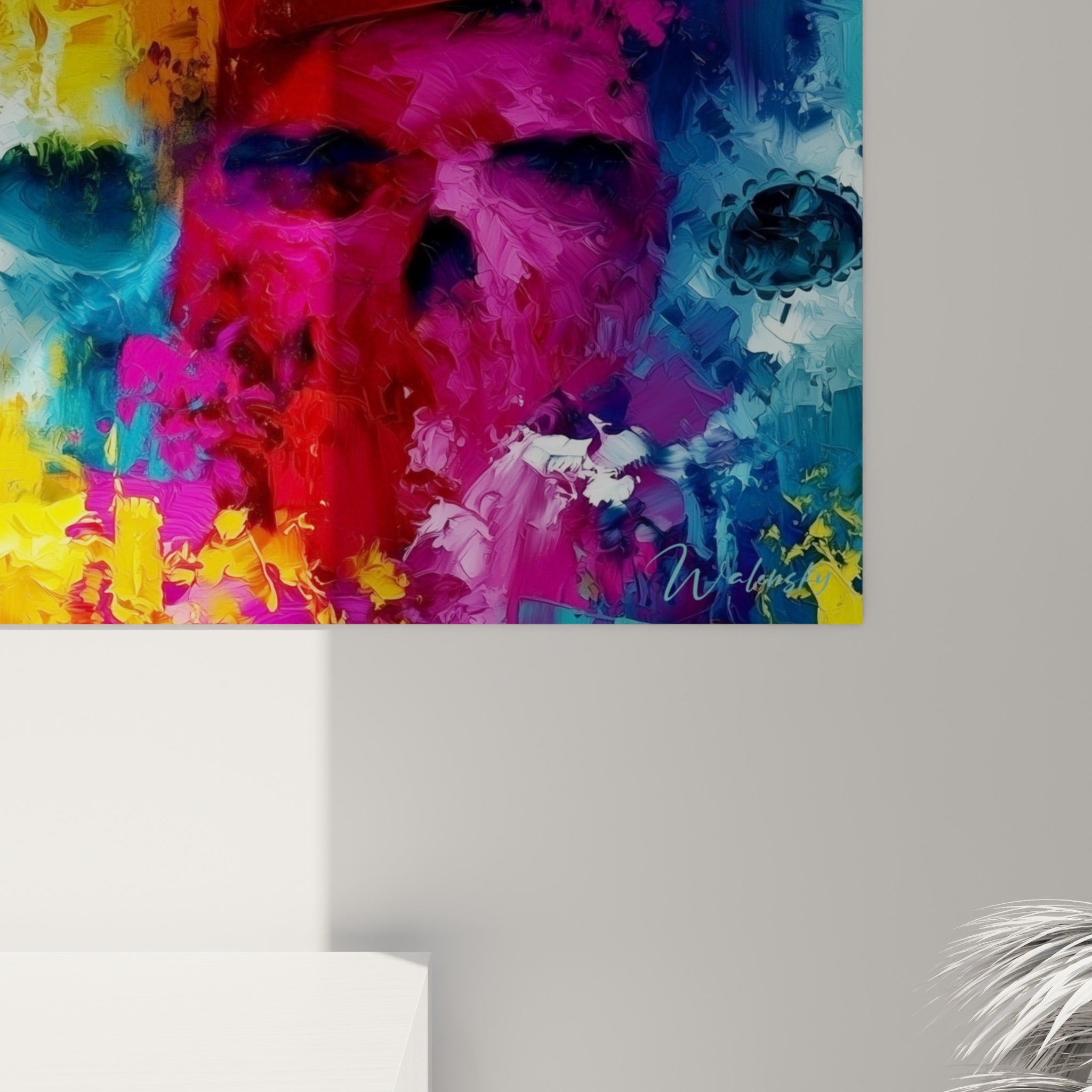 Empâtements épais et coulures orange, turquoise et magenta sur ce tableau crânes Dia de los Muertos