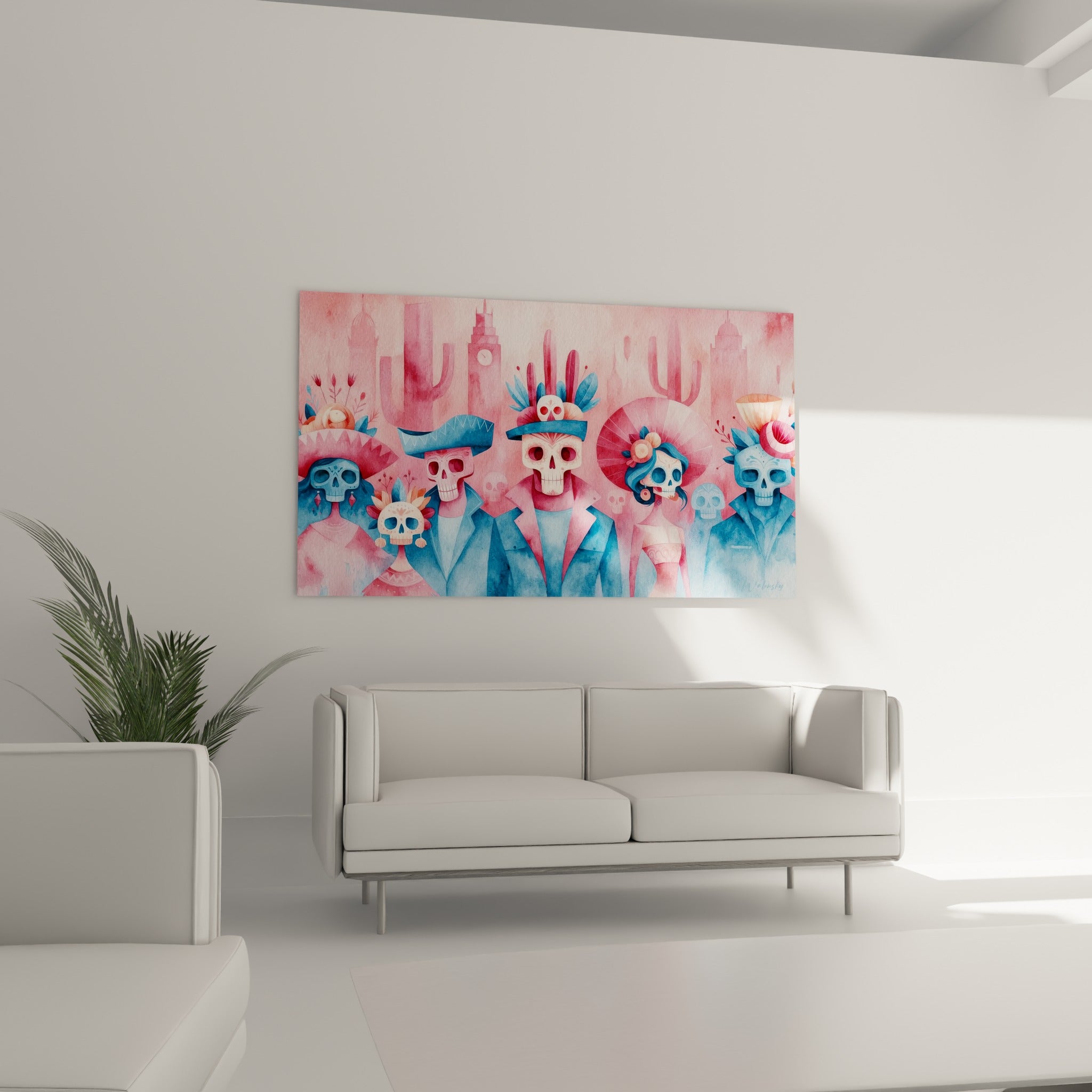 Cortège du Dia de los Muertos aux crânes ornés roses et bleus, au-dessus d'un canapé dans un salon lumineux