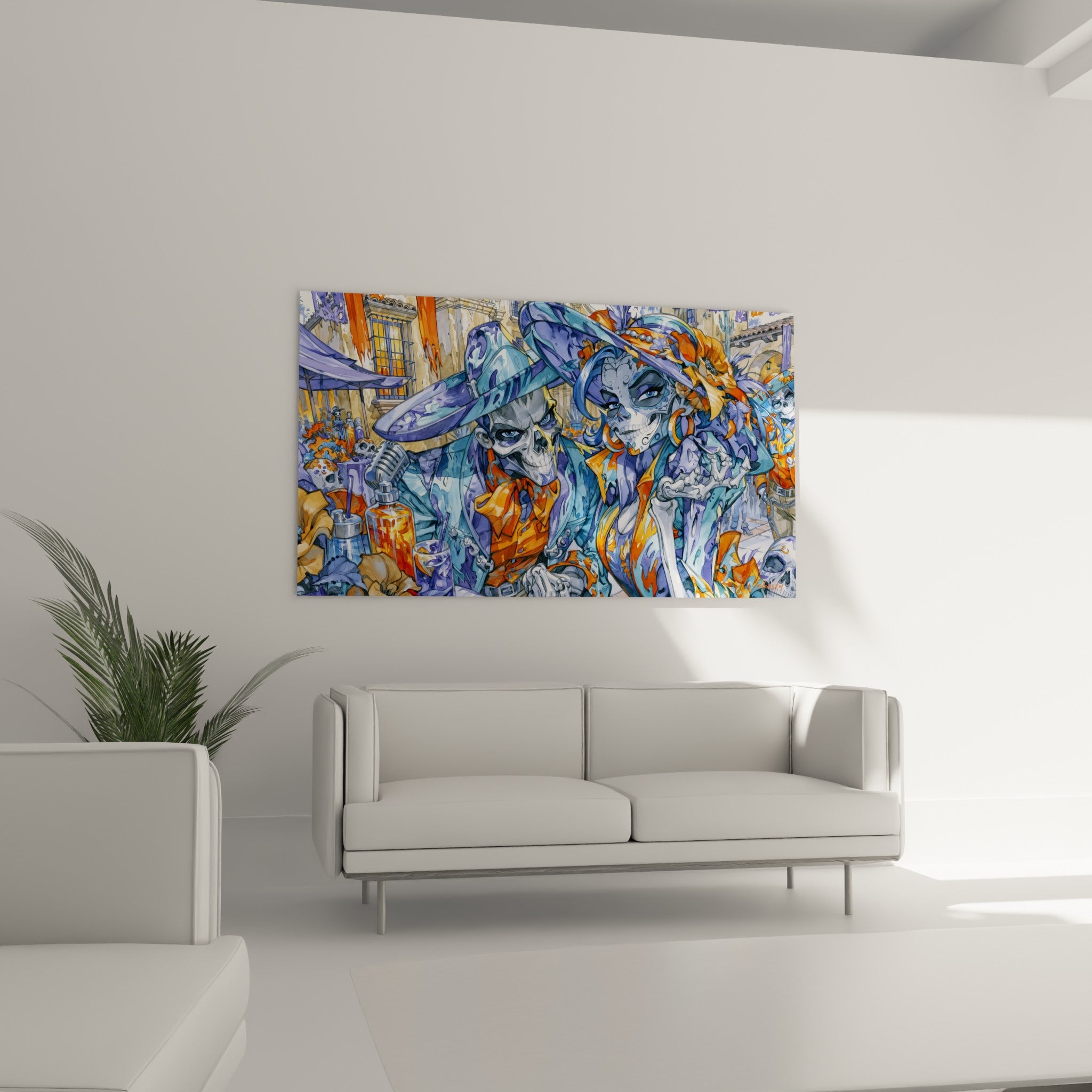 Crânes peints aux tons bleu ardoise et orange vif, disposés au-dessus d'un canapé dans un salon lumineux