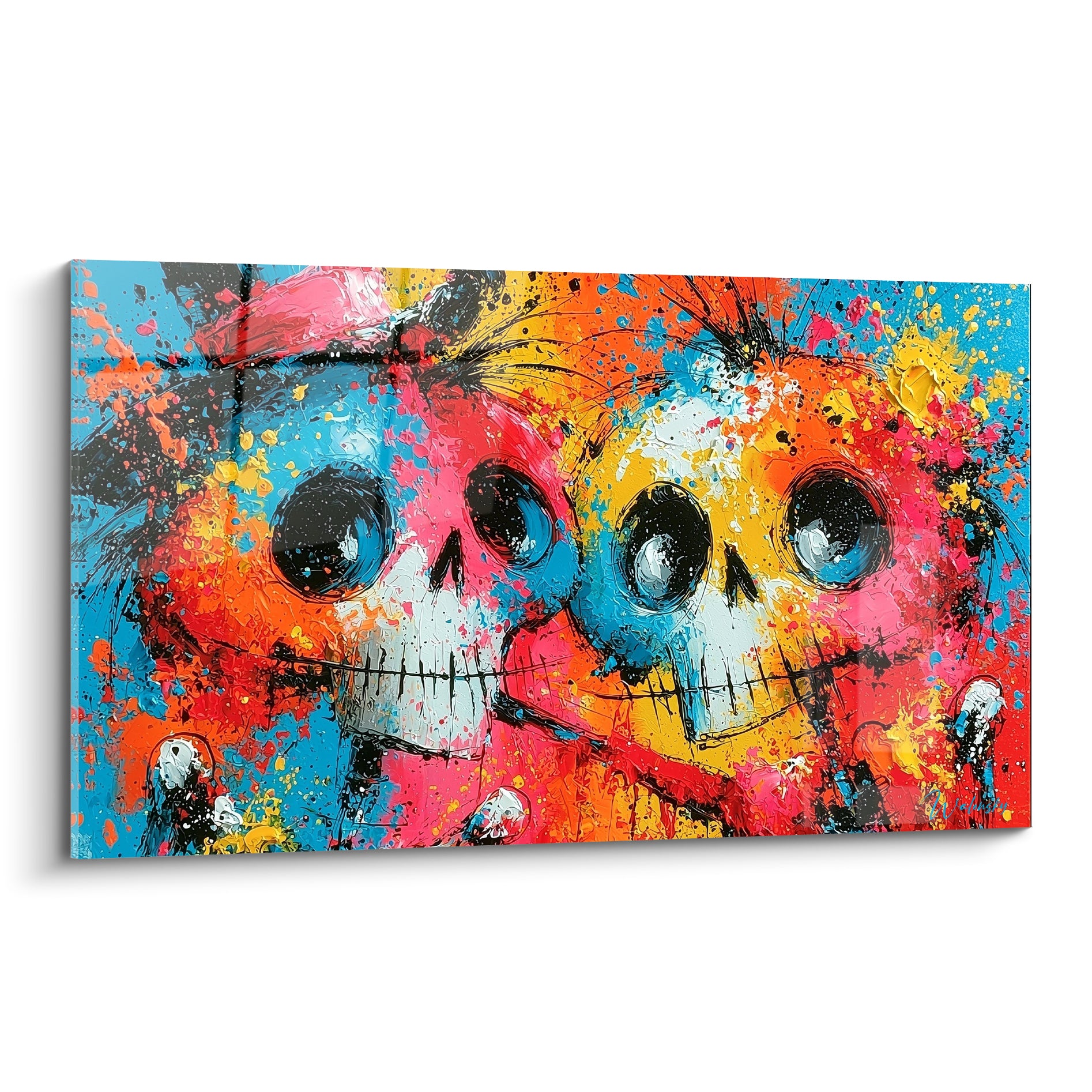 Deux crânes Dia de los Muertos roses et jaunes éclaboussés de peinture noire et bleue