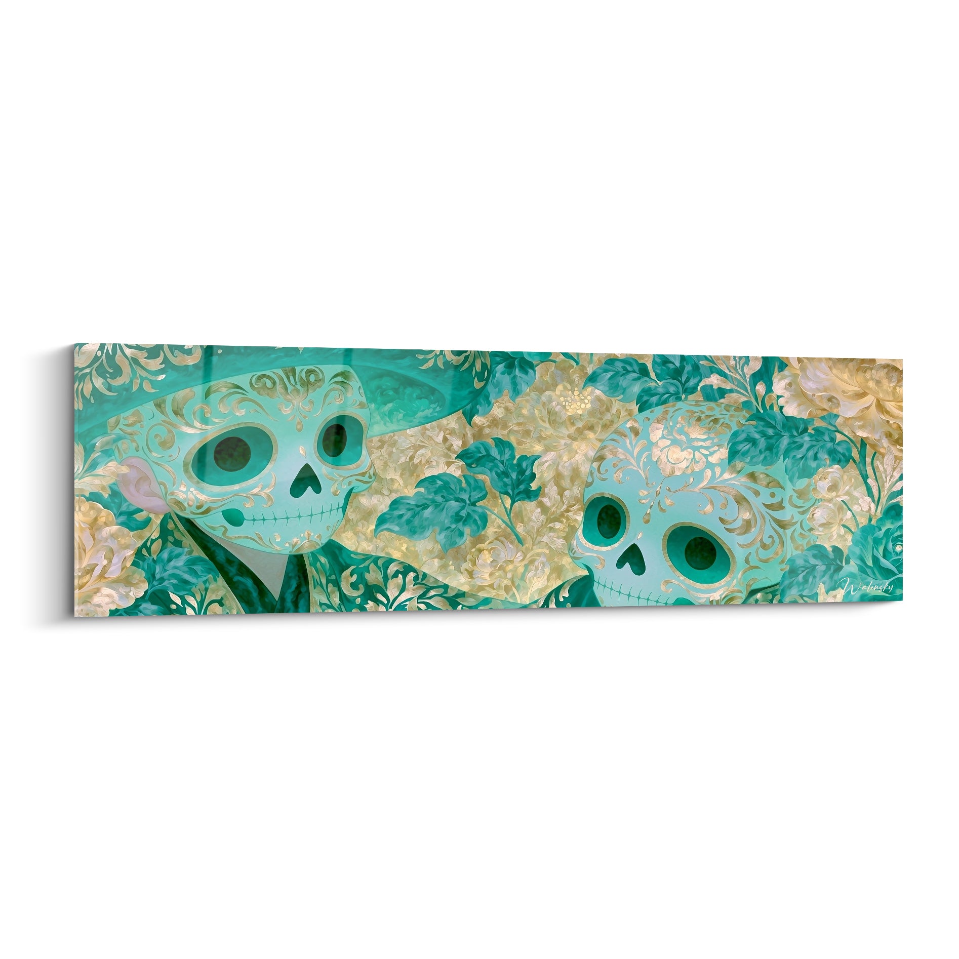 Deux crânes Dia de los Muertos turquoise ornés de motifs dorés parmi un feuillage floral dense