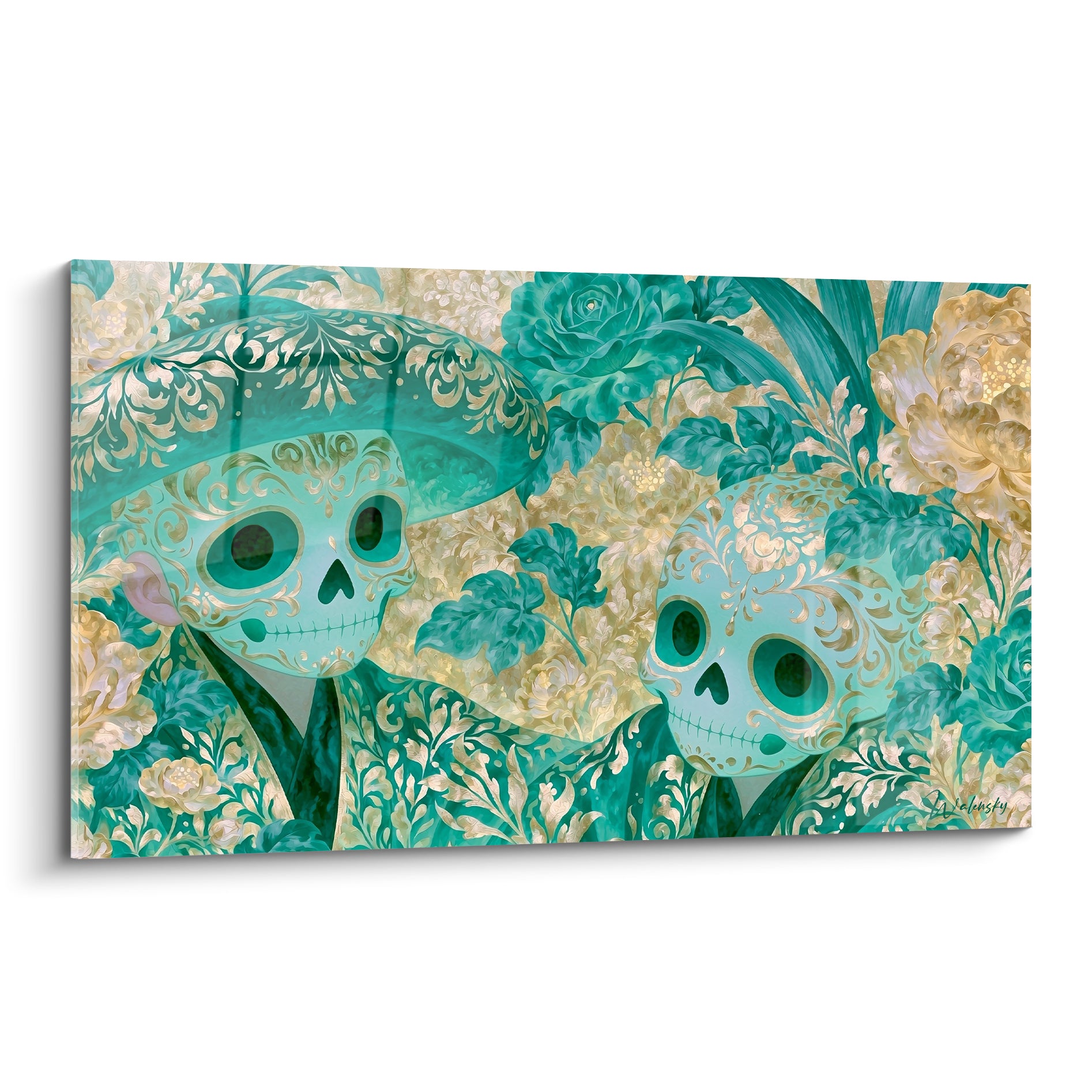 Deux crânes ornés turquoise et dorés entourés de roses stylisées, style Dia de los Muertos raffiné