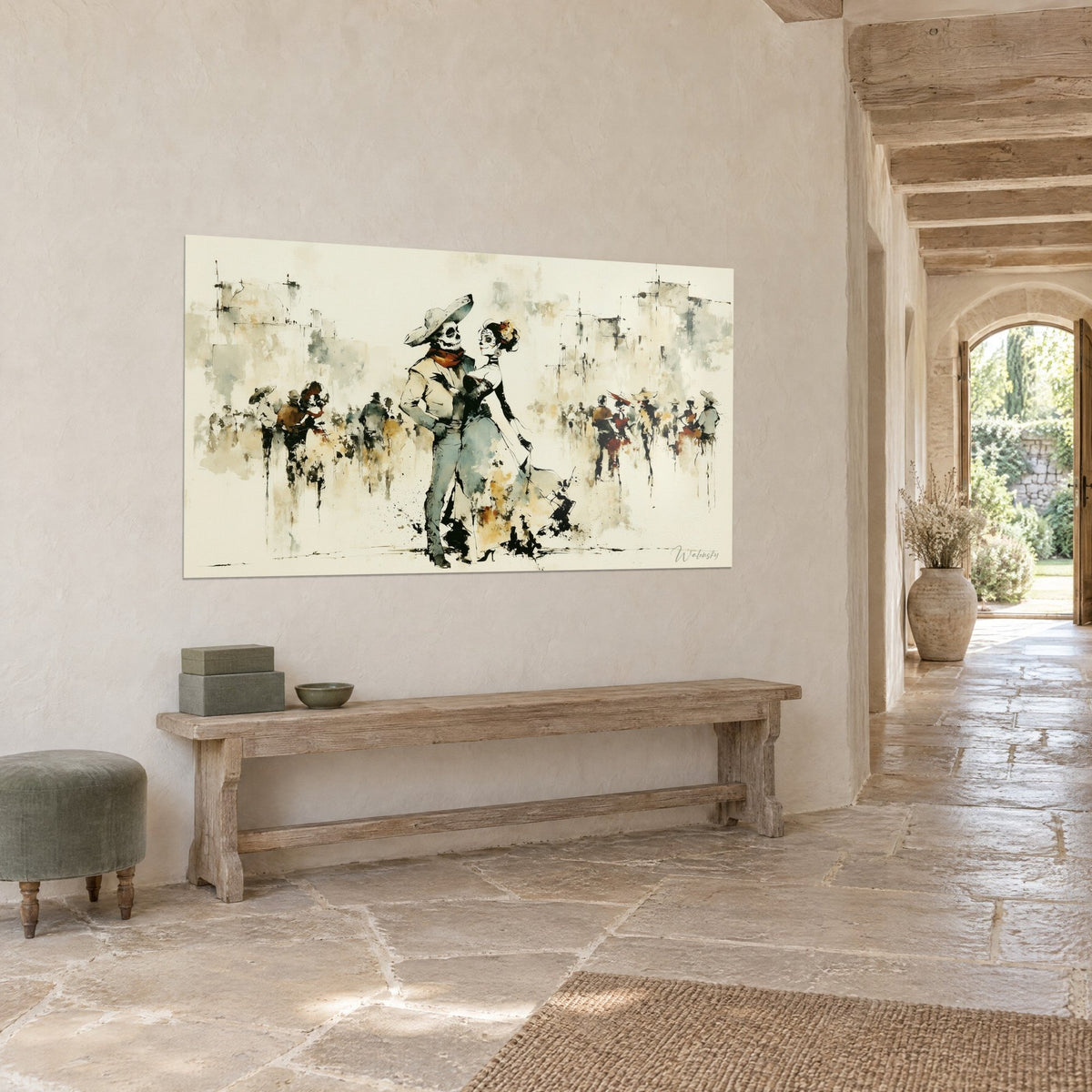 Quadro ballerini catrina e charro ad acquerello, silhouette seppia sfumate su fondo avorio, muro di pietra e panca, vista di tre quarti