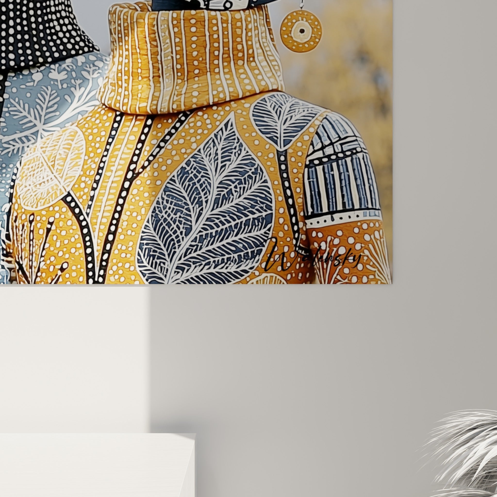 Détail des motifs Dia de los Muertos où bleu marine et ocre se mêlent en cercles peints minutieux