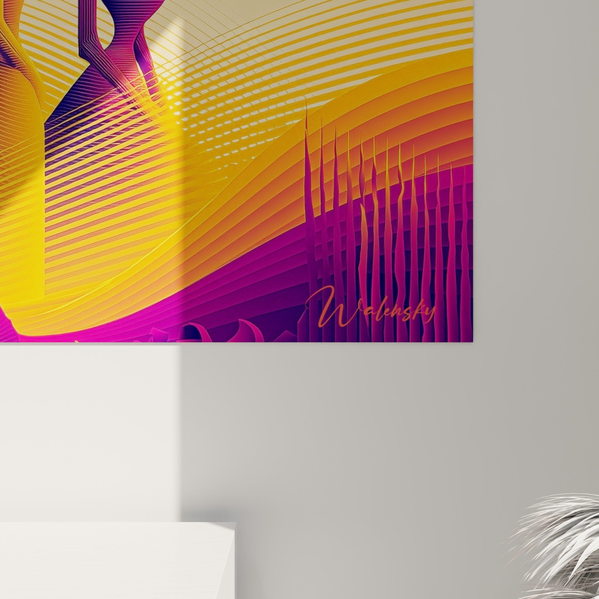 Détail des lignes fines et du dégradé ocre-violet sur ce tableau Dia de los Muertos aux textures graphiques serrées