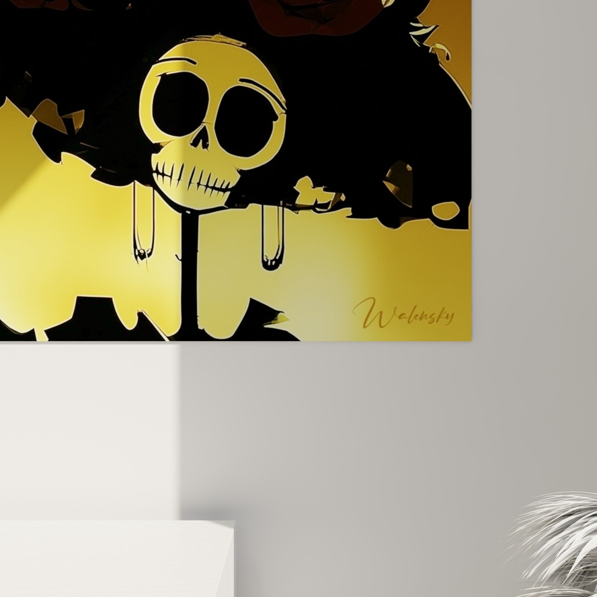 Empâtements dorés et coulures bordeaux révèlent la matière picturale de ce tableau Dia de los Muertos vu de près