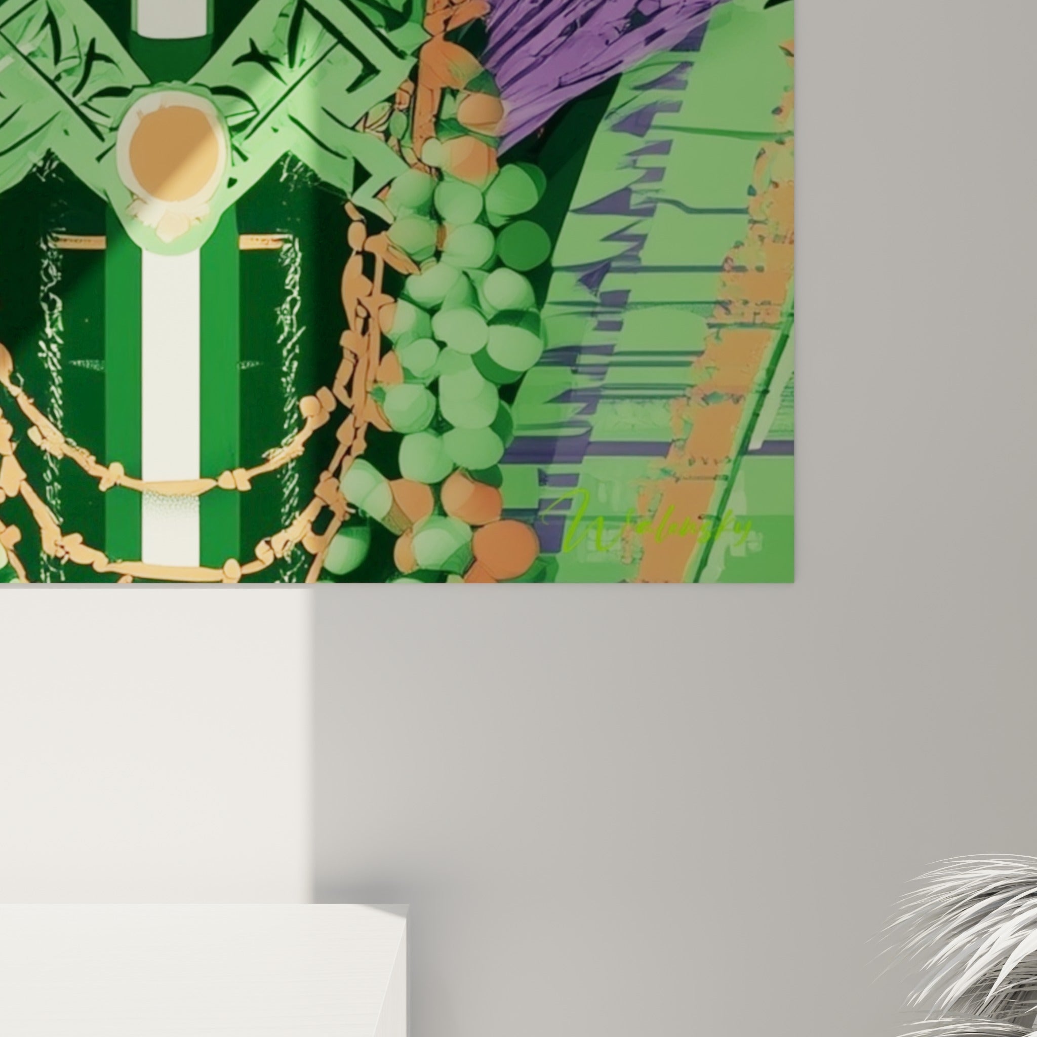Détail du crâne blanc et vert et des perles fauves de la Catrina, grain de l'impression visible de près
