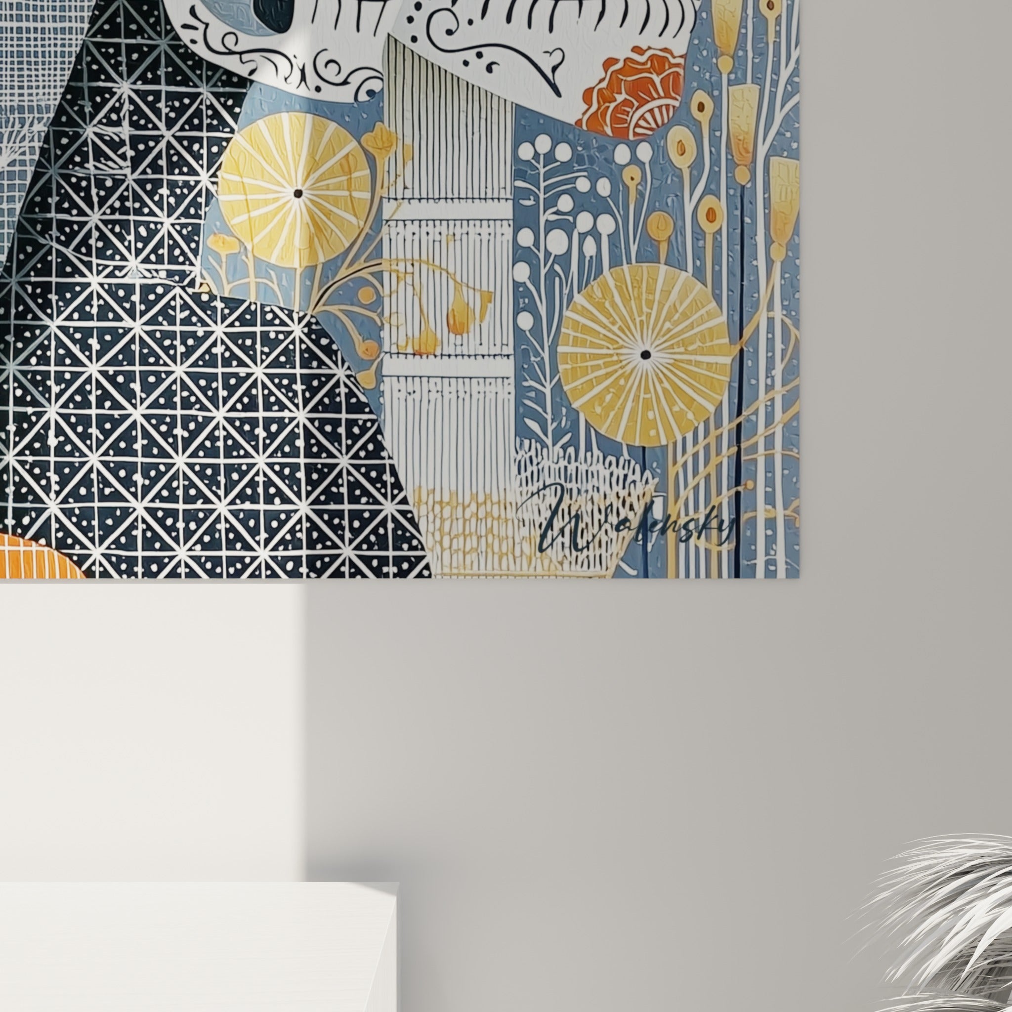 Détail des motifs pointillés dorés et bleu marine du tableau Dia de los Muertos accroché