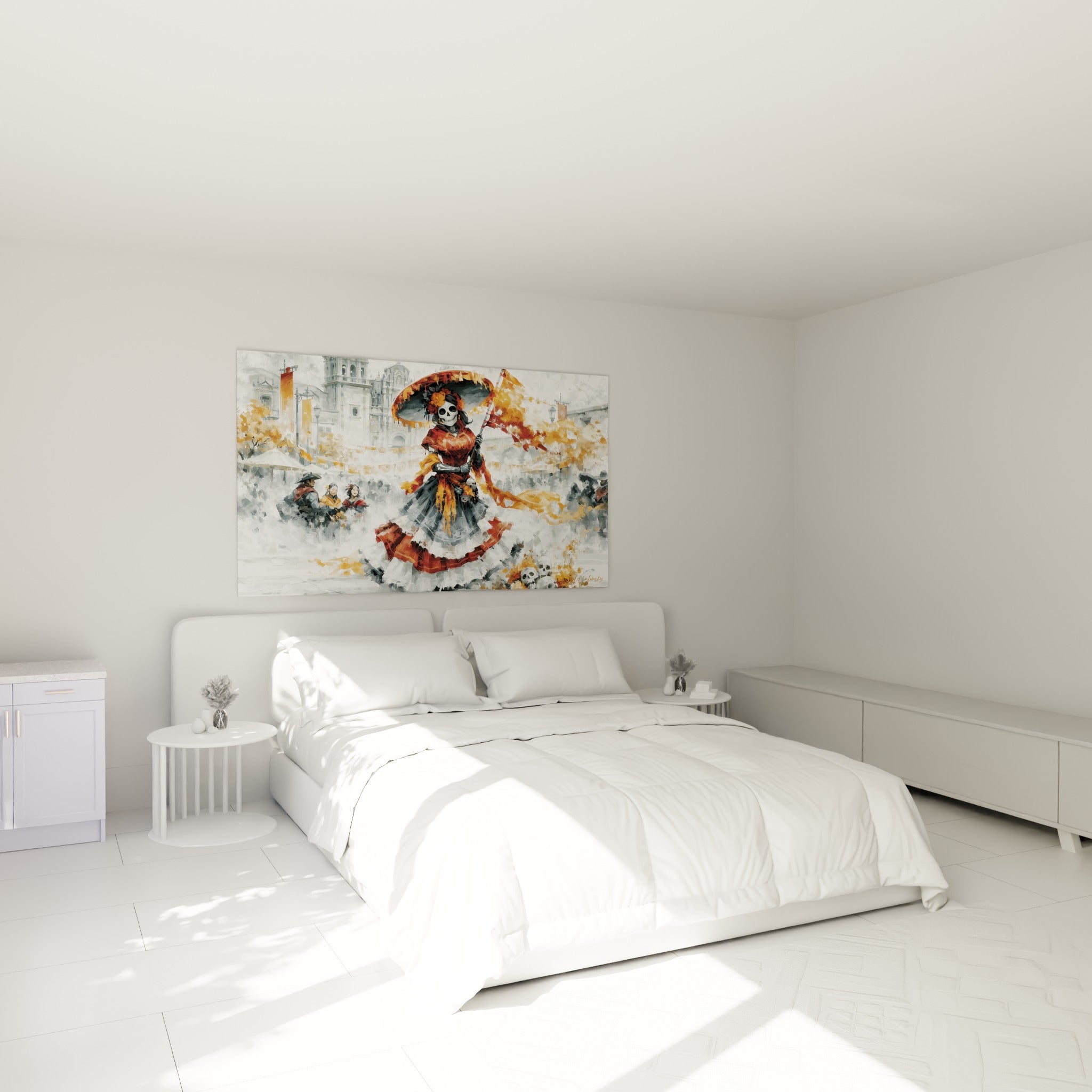 Squelette au drapeau orangé et robe rouge, tableau Dia de los Muertos au-dessus d'un lit dans une chambre claire