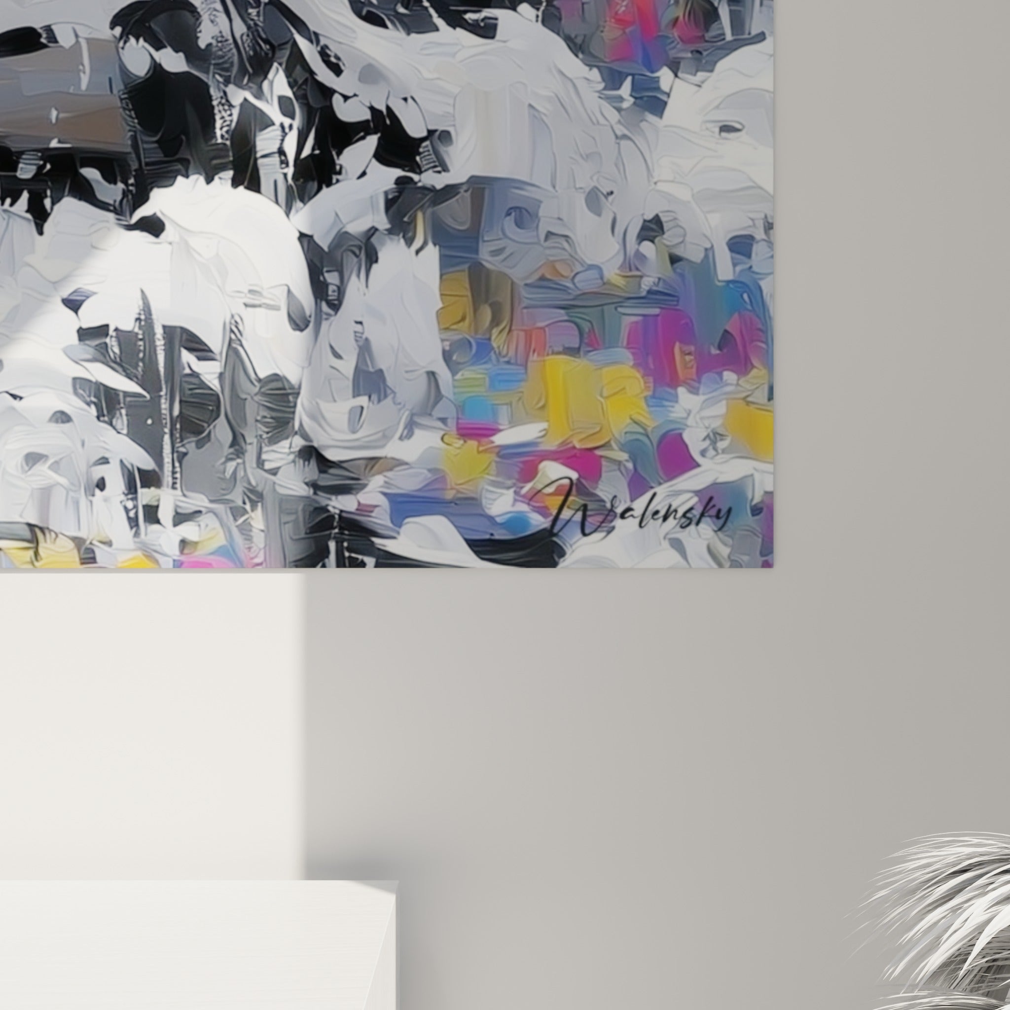 Matière épaisse du tableau Dia de los Muertos, coulures blanches et grain anthracite visibles de près