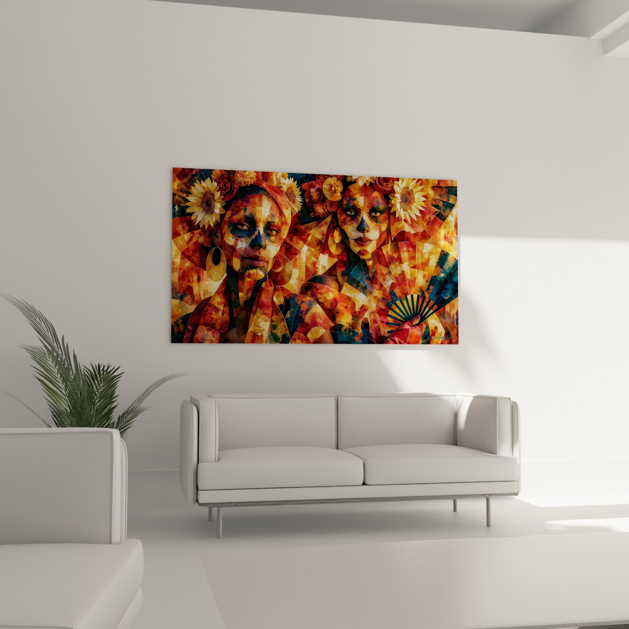 Portraits Dia de los Muertos aux teintes dorées et bleu pétrole avec éventail, au-dessus d'un canapé dans un salon lumineux