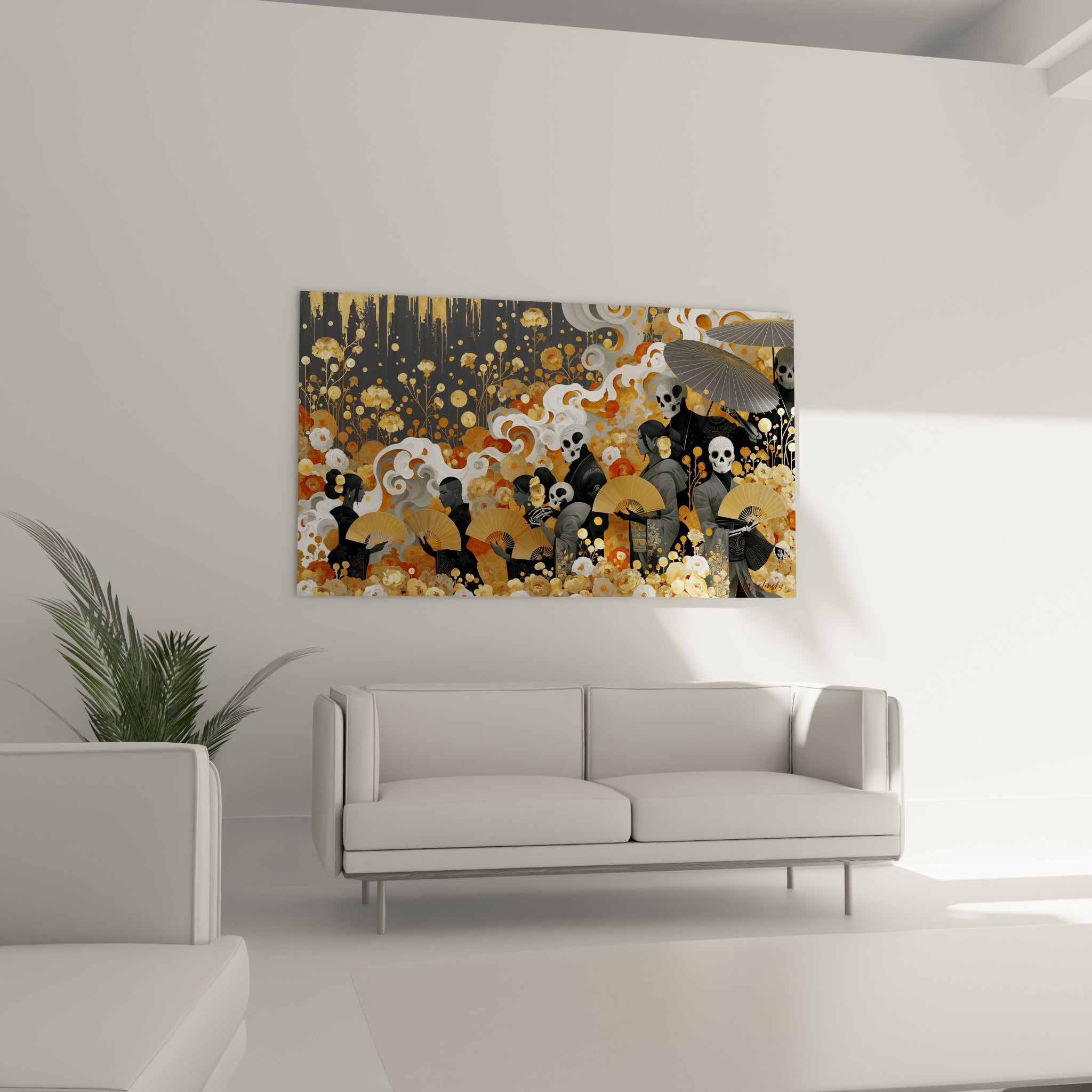 Cortège de crânes blancs et fleurs ocre du Dia de los Muertos au-dessus d'un canapé dans un salon lumineux