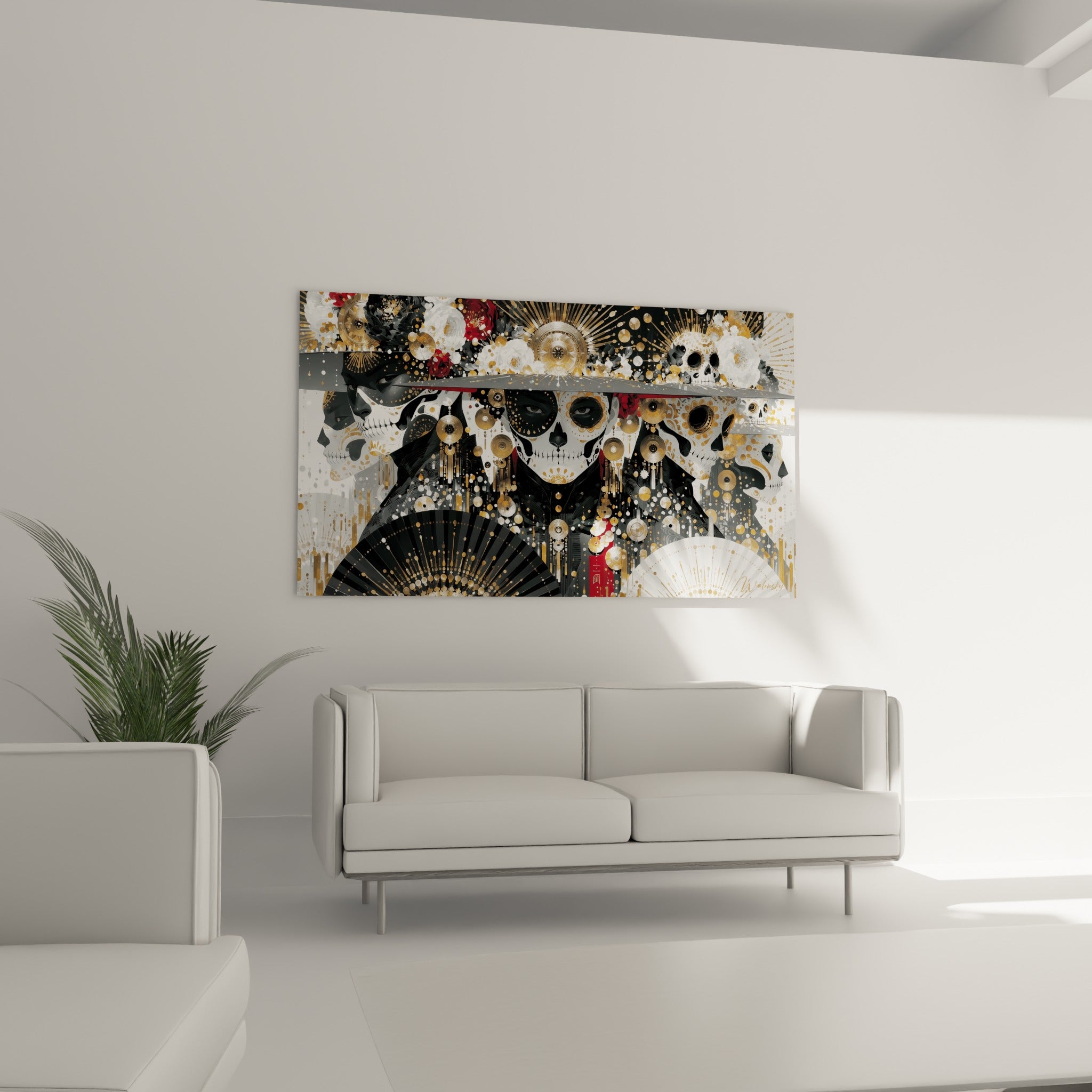 Éventails noirs et blancs du tableau Dia de los Muertos ornant un mur au-dessus d'un canapé dans un salon lumineux
