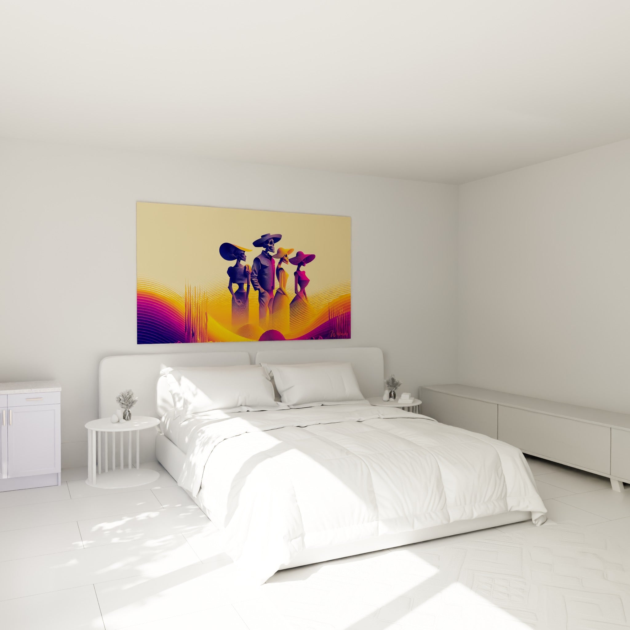 Silhouettes squelettiques ocre et magenta du Dia de los Muertos, accrochées au-dessus d'un lit dans une chambre claire