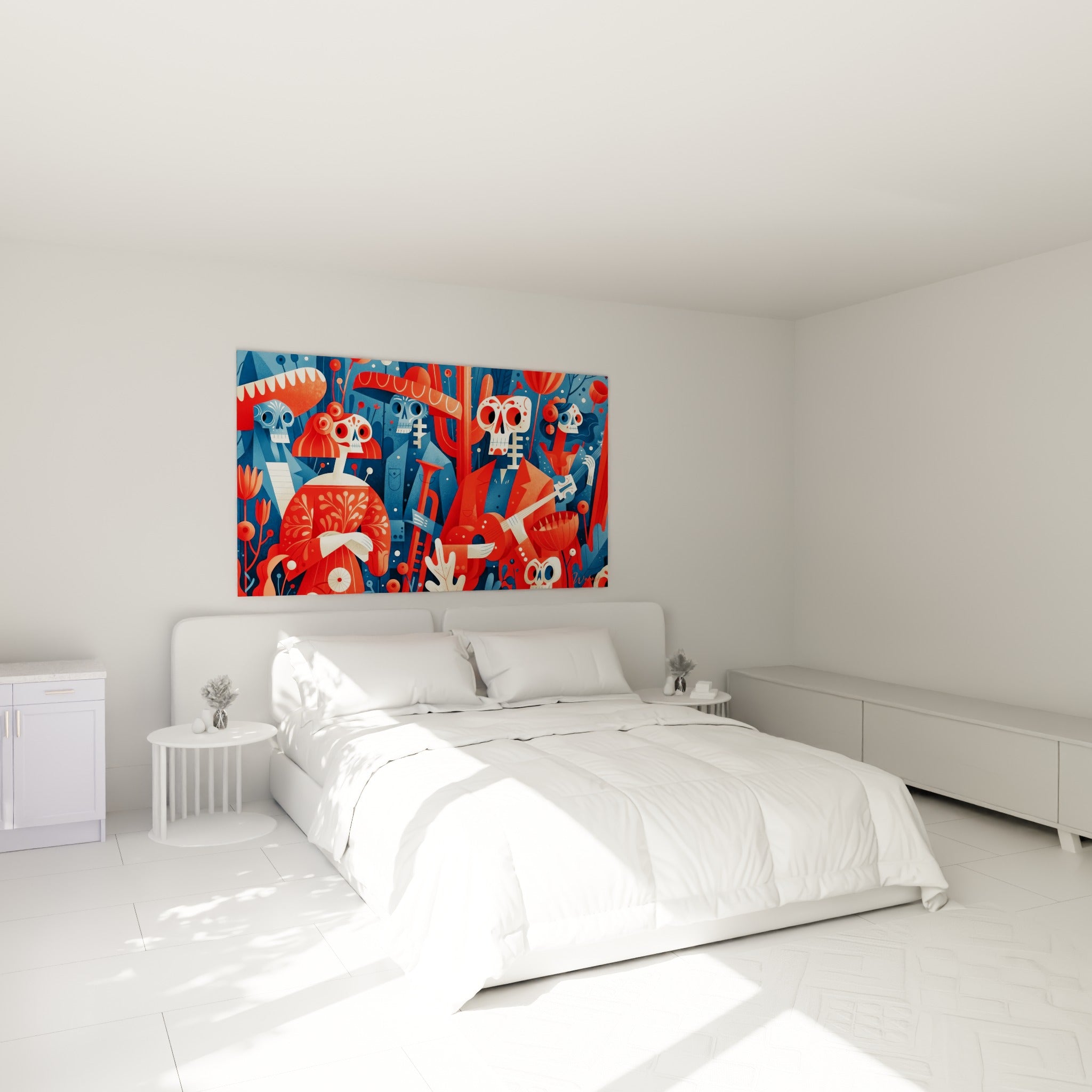 Fanfare de squelettes rouge et bleu marine du Dia de los Muertos, au-dessus d'un lit dans une chambre claire