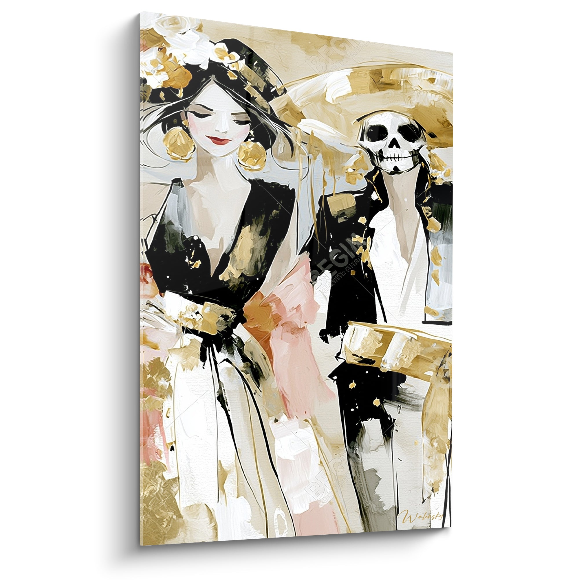 Femme et squelette Dia de los Muertos en tenues noires et dorées, fond crème et rose pâle