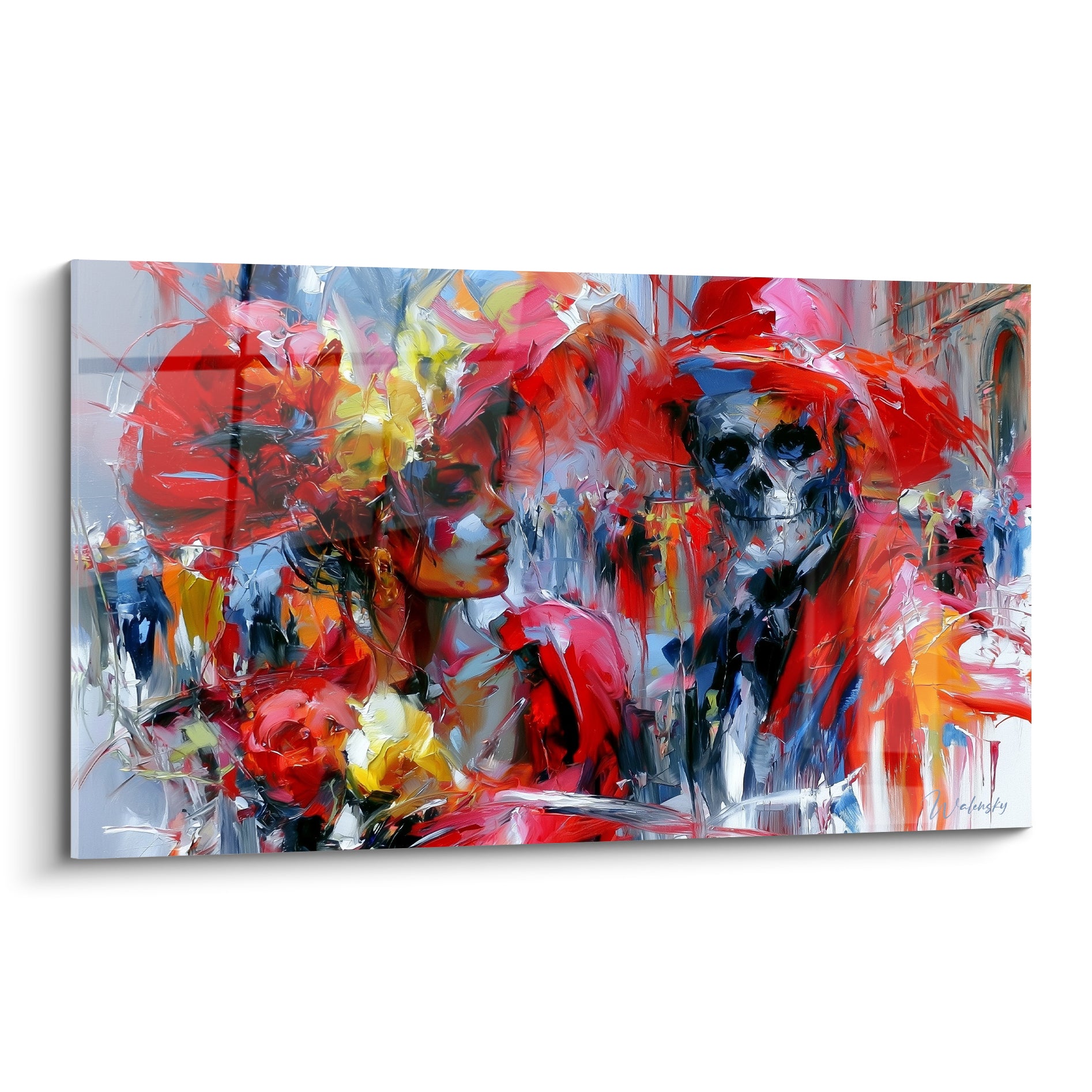 Femme au chapeau rouge et squelette peint en bleu marine, technique expressive du Dia de los Muertos