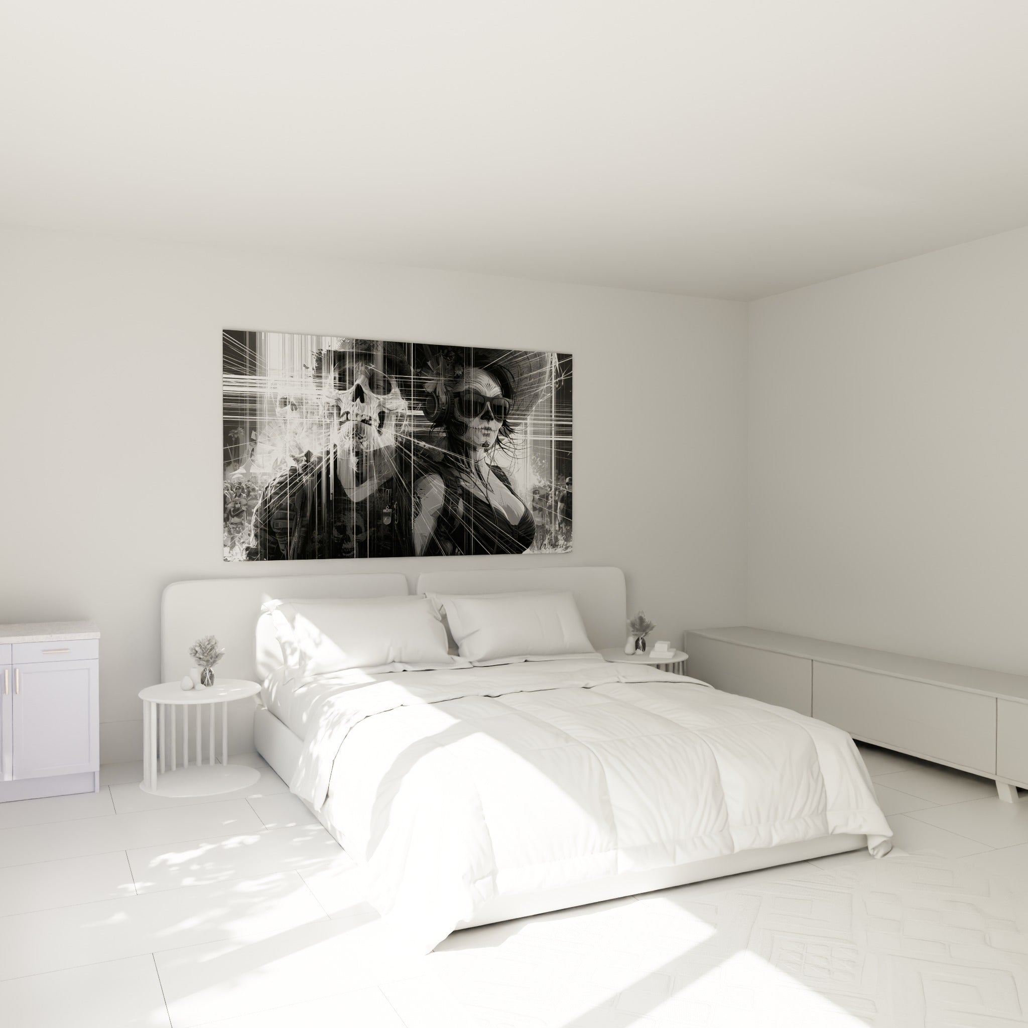 Figures maquillées Dia de los Muertos en noir et blanc au-dessus d'un lit dans une chambre claire