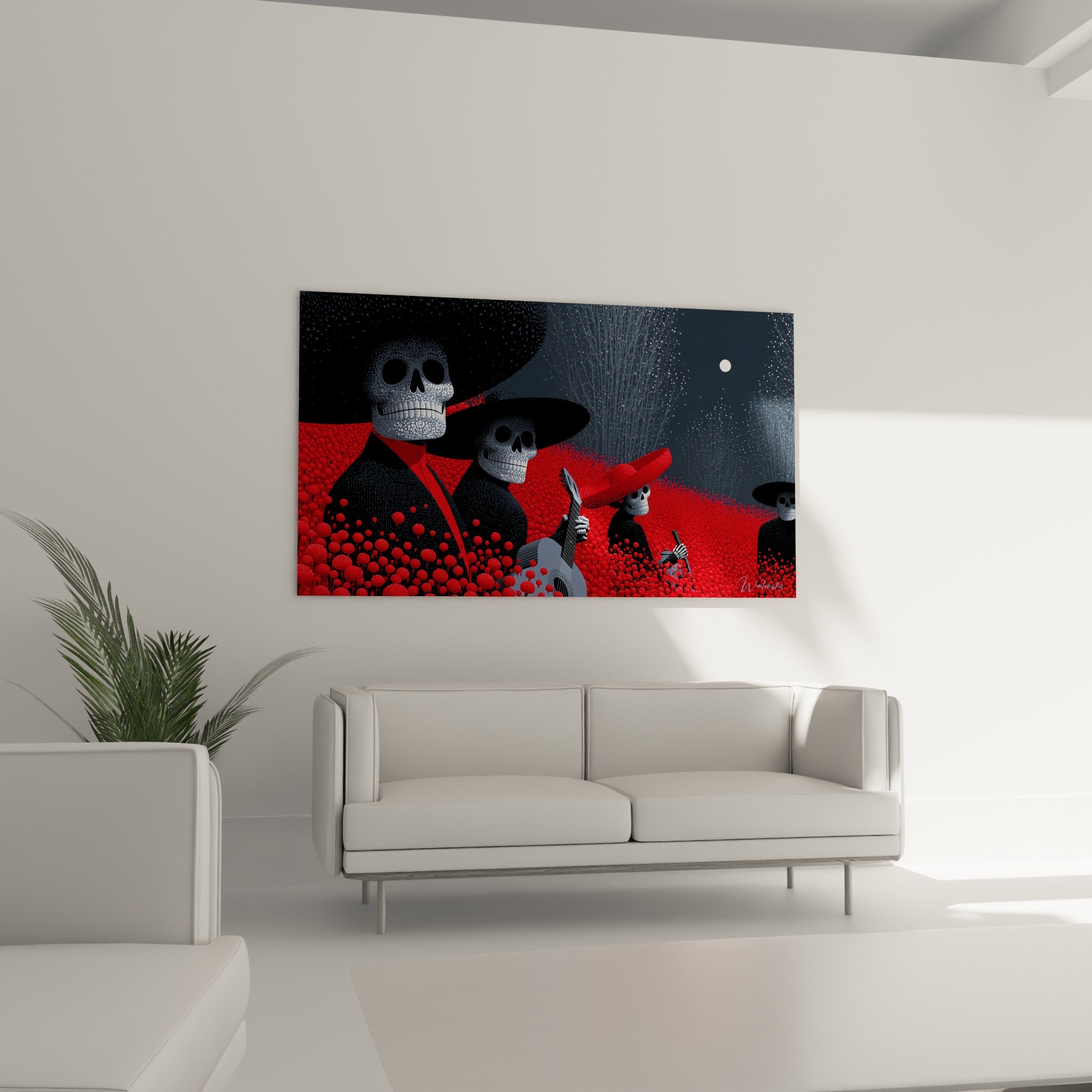 Silhouettes de mariachis fantomatiques rouges et noirs accrochées au-dessus d'un canapé dans un salon lumineux