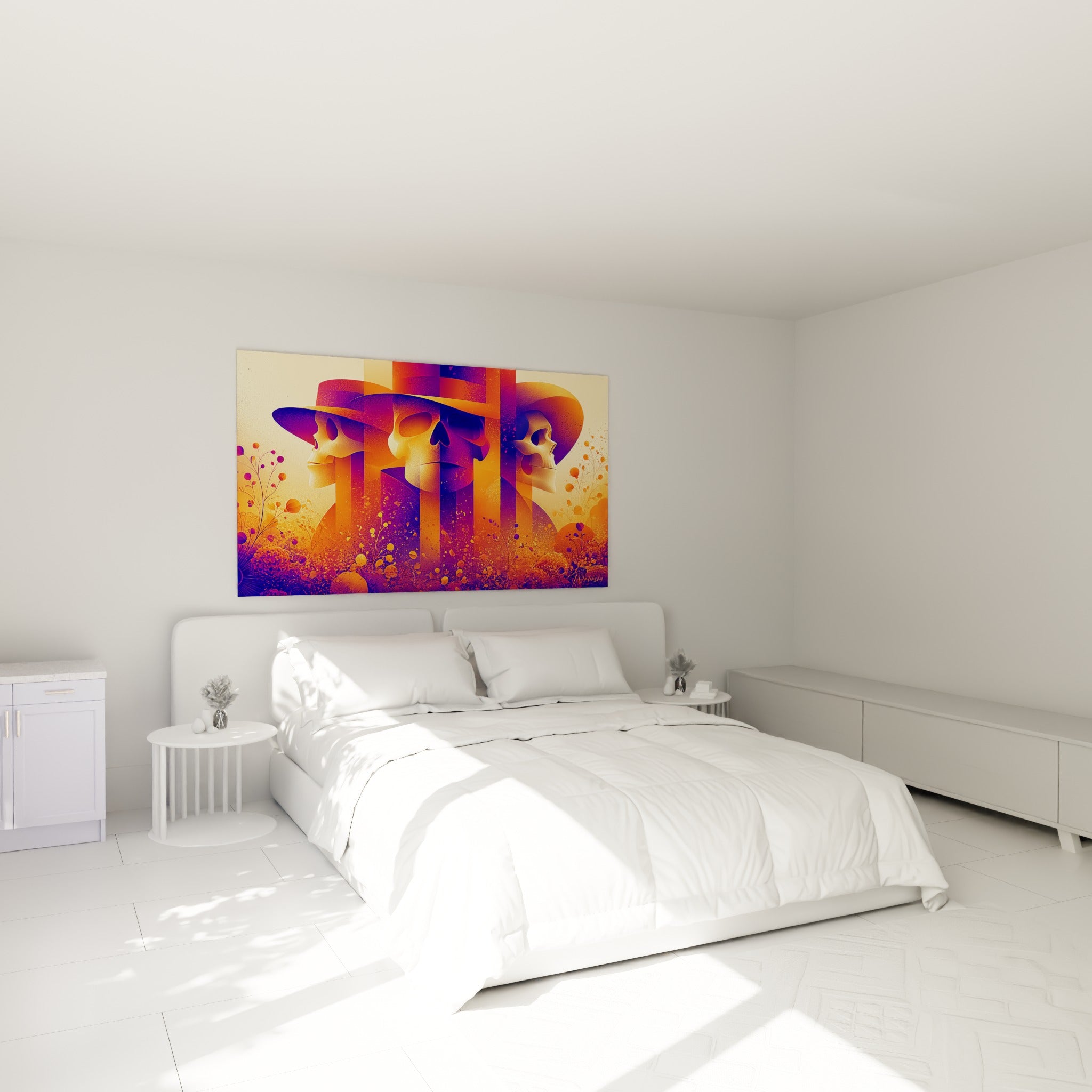 Crânes fleuris Dia de los Muertos en violet et orange au-dessus d'un lit dans une chambre claire