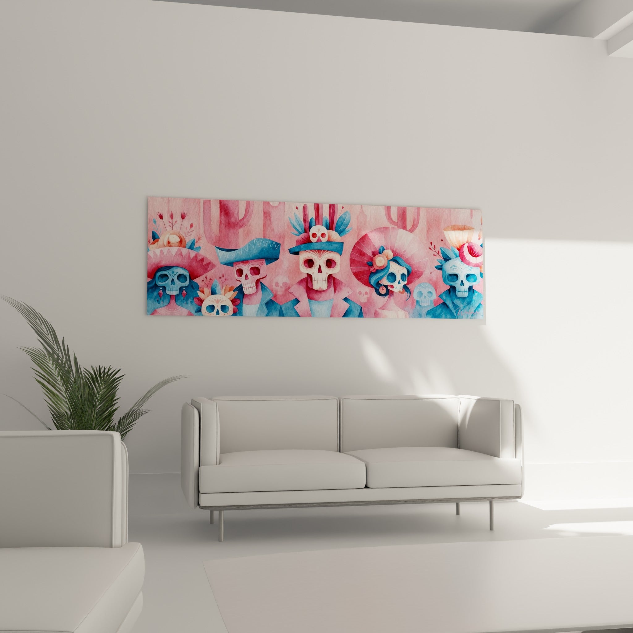 Personnages Dia de los Muertos parés de plumes bleues et fleurs roses surplombent un canapé dans un salon lumineux
