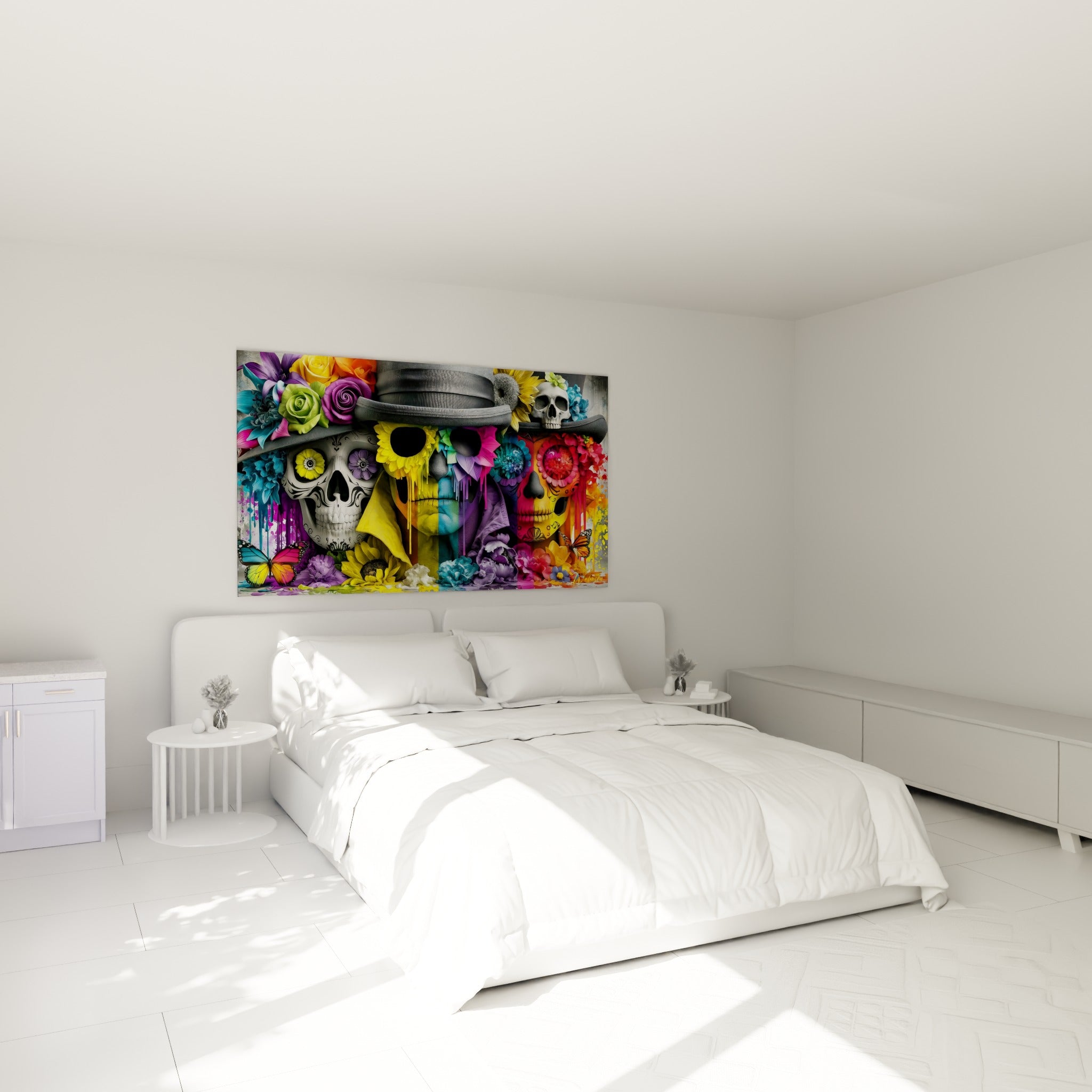 Crânes multicolores ornés de fleurs turquoise et roses accrochés au-dessus d'un lit dans une chambre claire