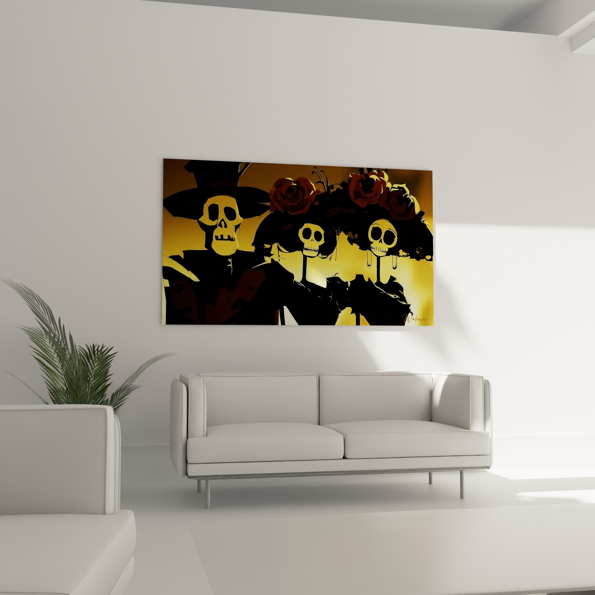 Crânes graphiques Dia de los Muertos aux teintes ocre suspendus au-dessus d'un canapé dans un salon lumineux