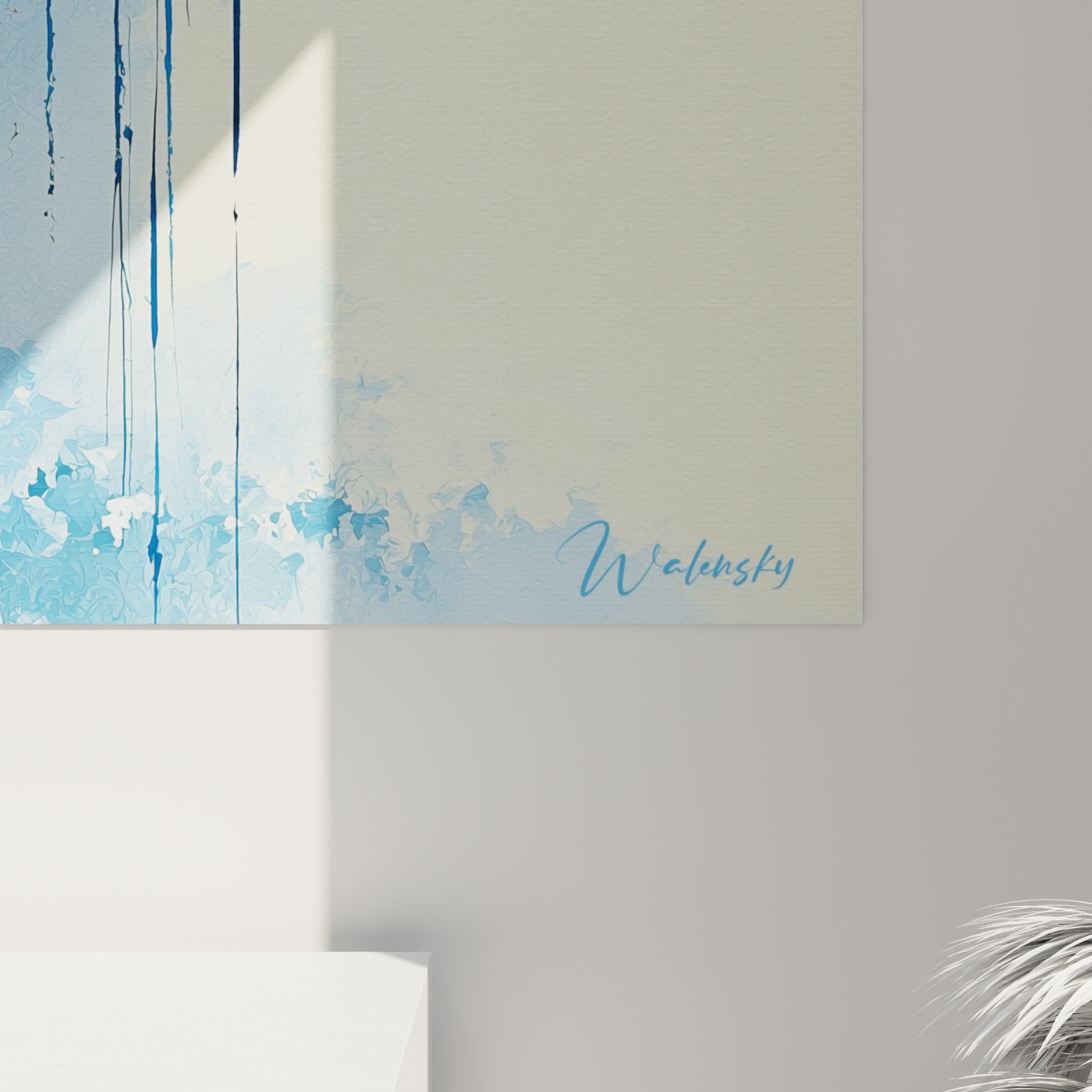 Coulures rouges et grain bleu pastel visibles de près sur cette toile Dia de los Muertos accrochée au mur