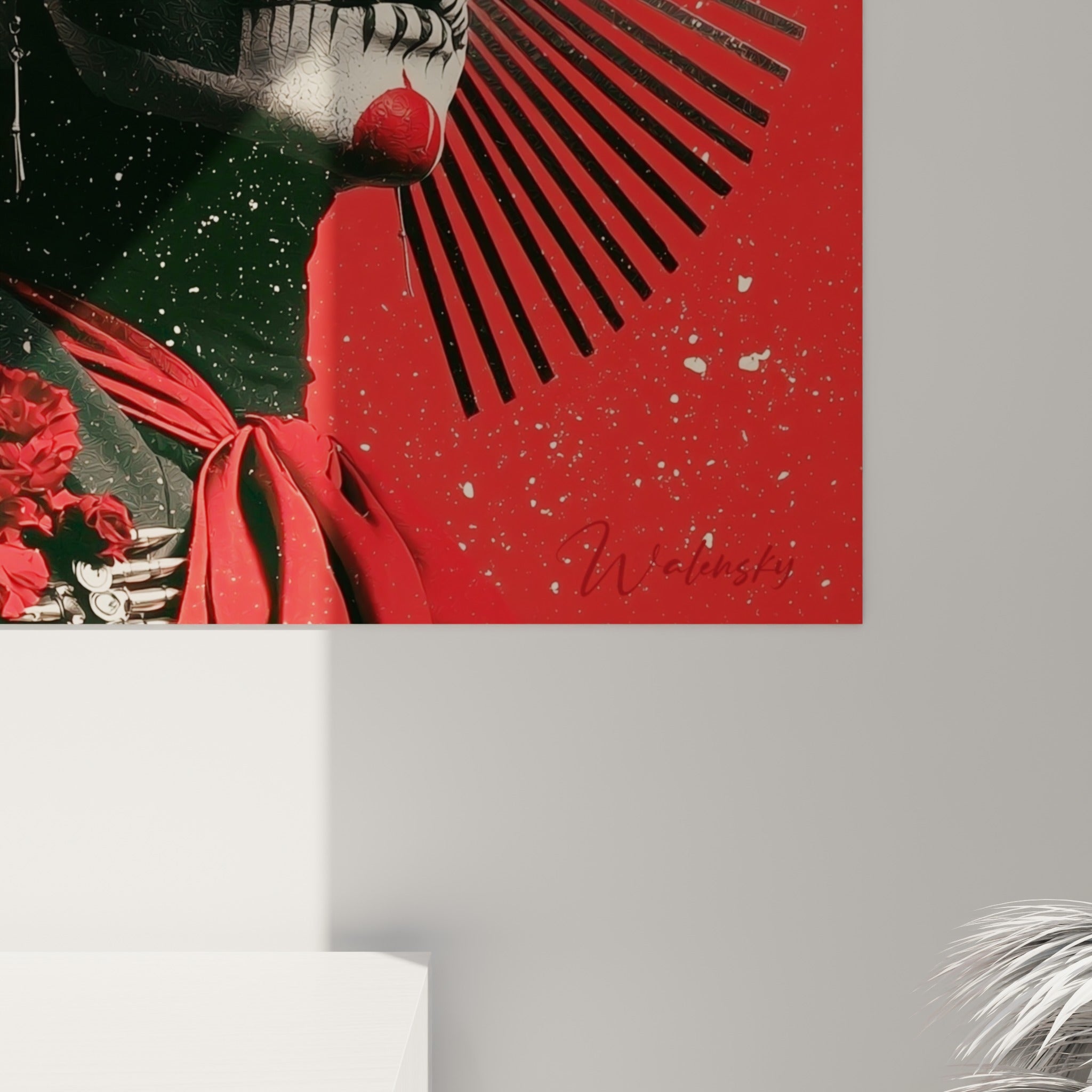 Détail du maquillage Dia de los Muertos, grain rouge sang et traits argentés se mêlant sur la toile