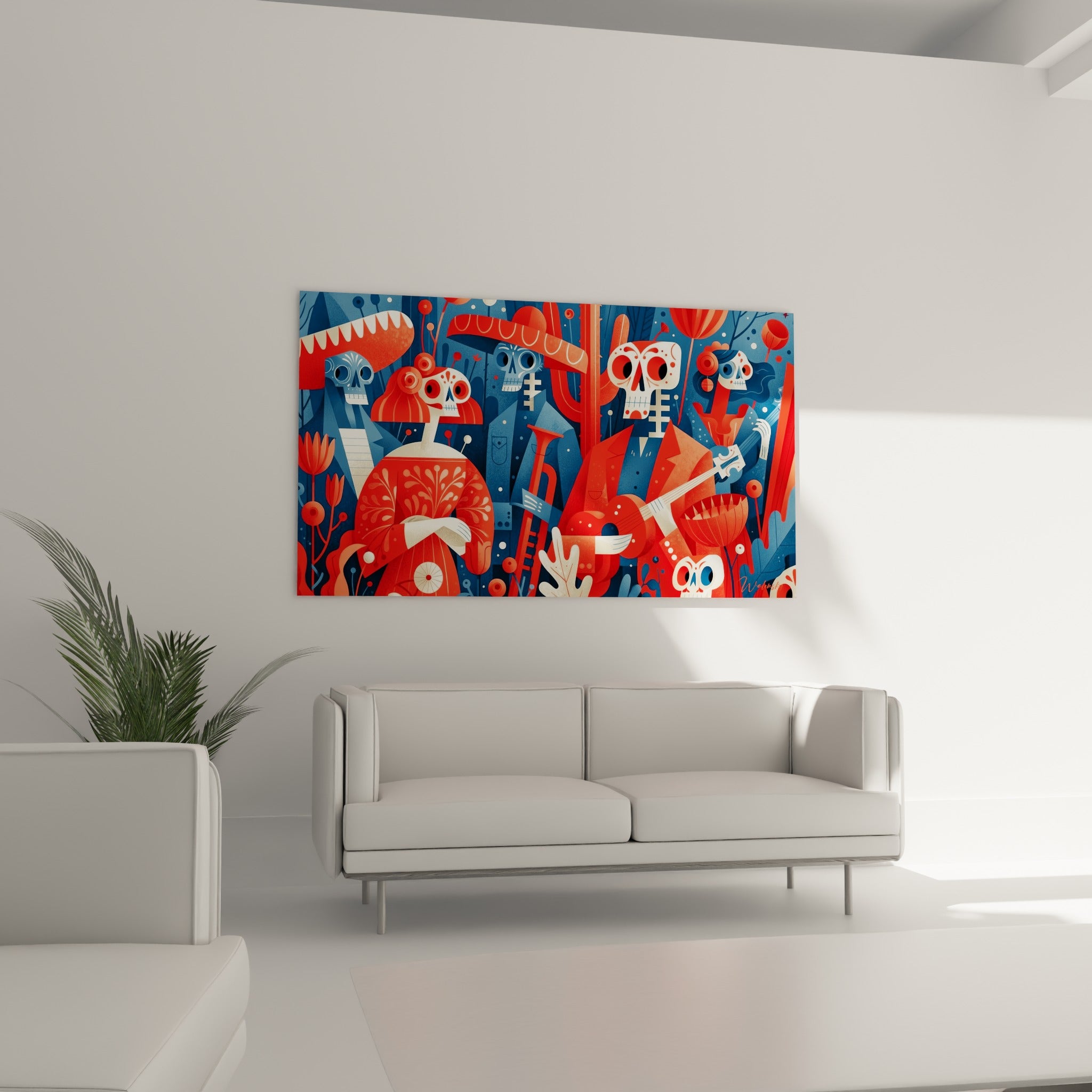 Personnages squelettes rouges et bleu marine du Dia de los Muertos jouant de la musique, au-dessus d'un canapé dans un salon lumineux