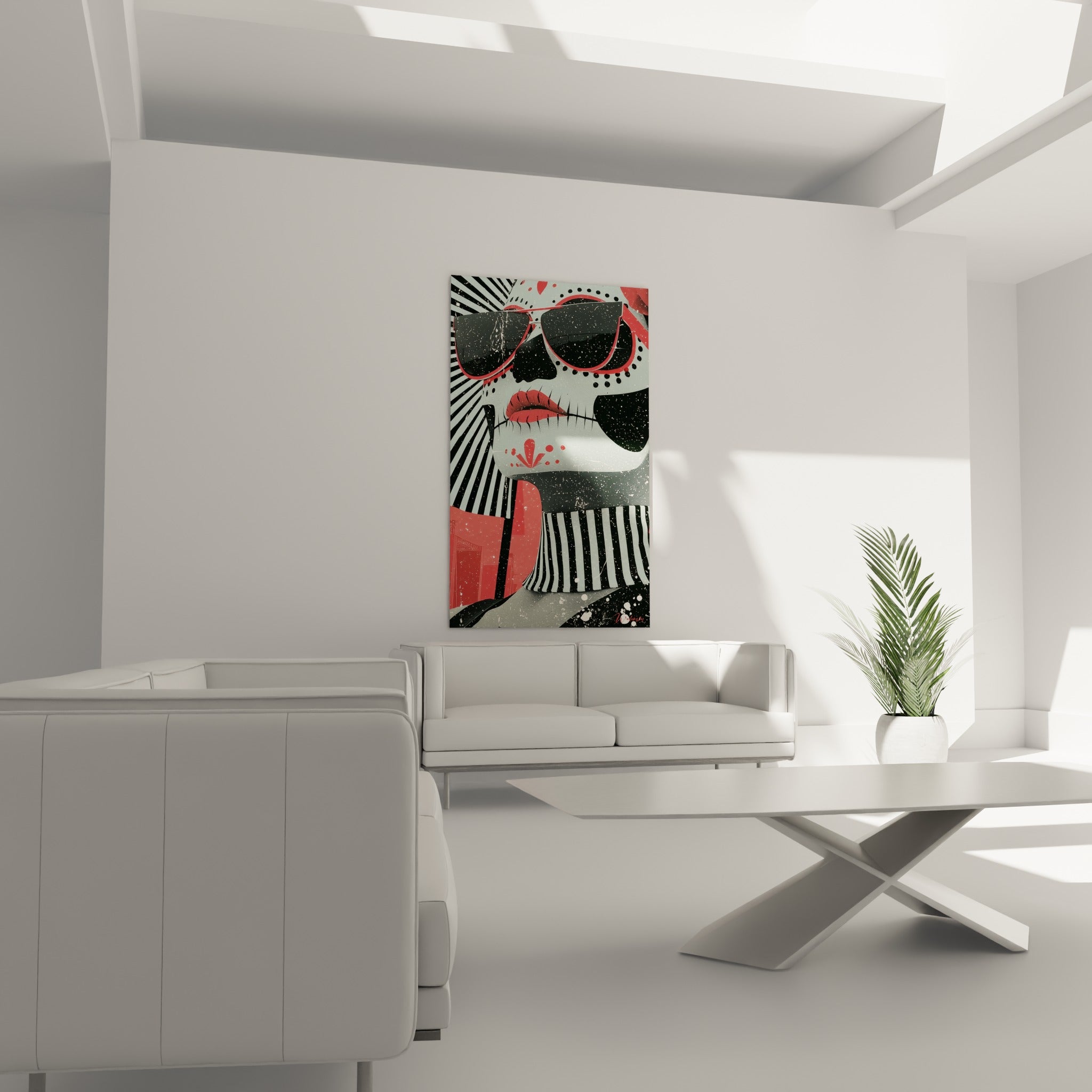 Portrait crâne mexicain rayé noir et blanc, touches rouge corail, au-dessus d'un canapé dans un salon lumineux