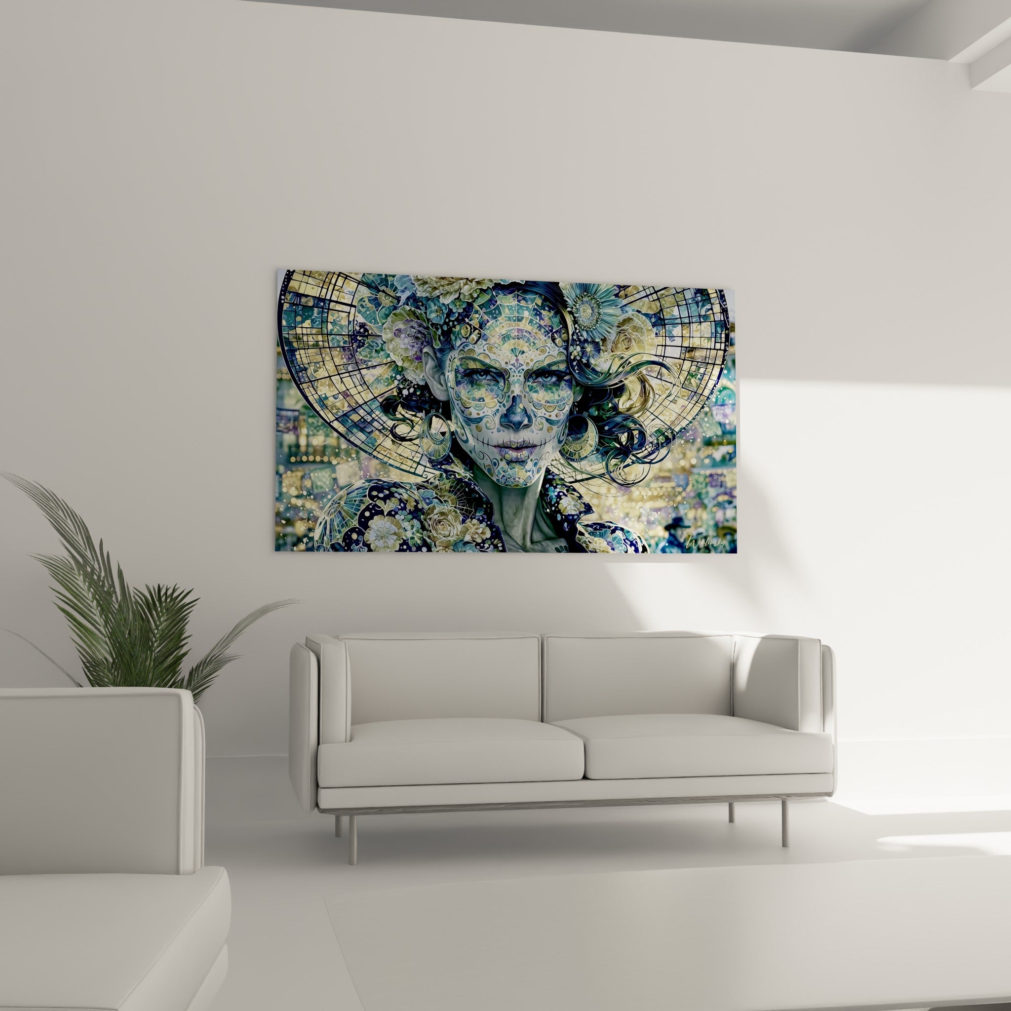 Visage cérémoniel anthracite et doré orné de fleurs, au-dessus d'un canapé dans un salon lumineux