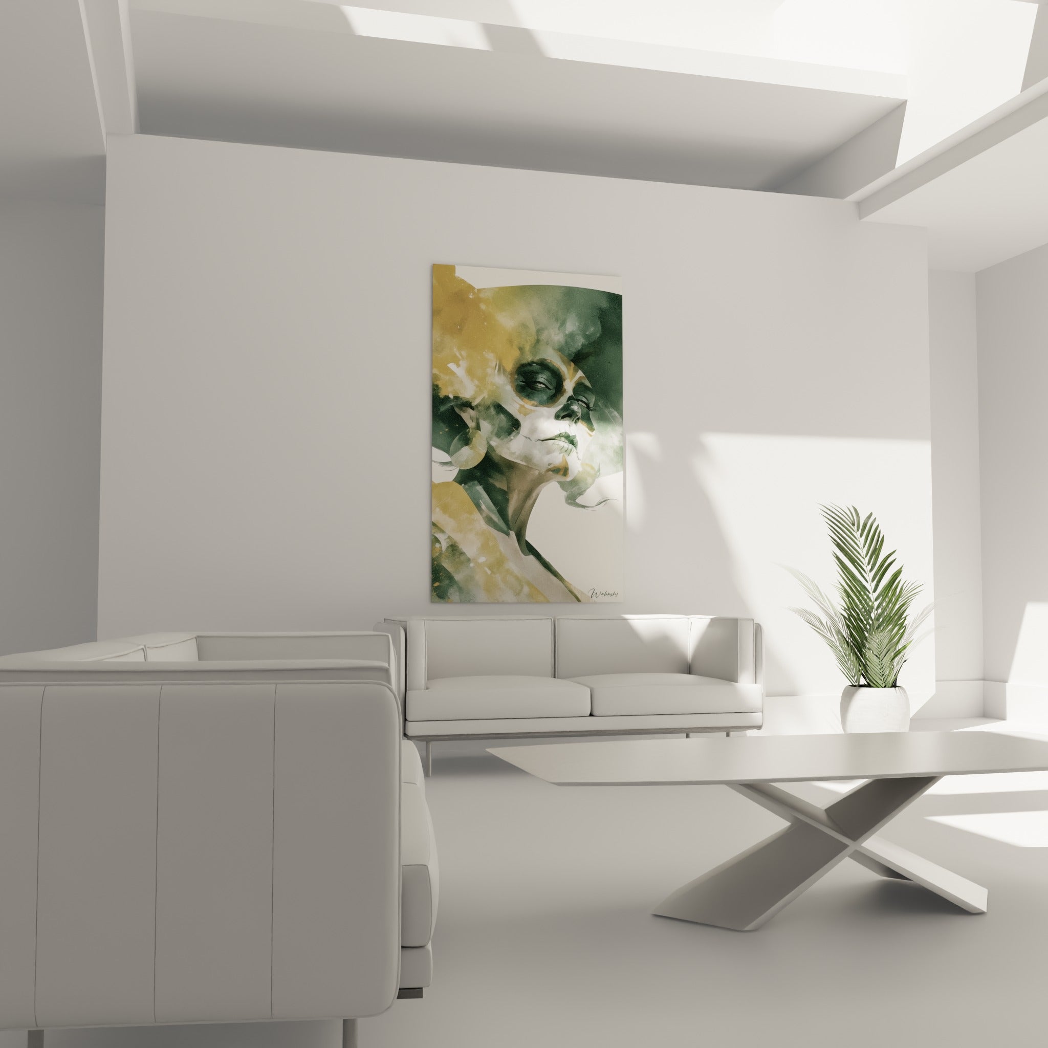 Visage aux nuances anthracite et dorées accroché au-dessus d'un canapé dans un salon lumineux
